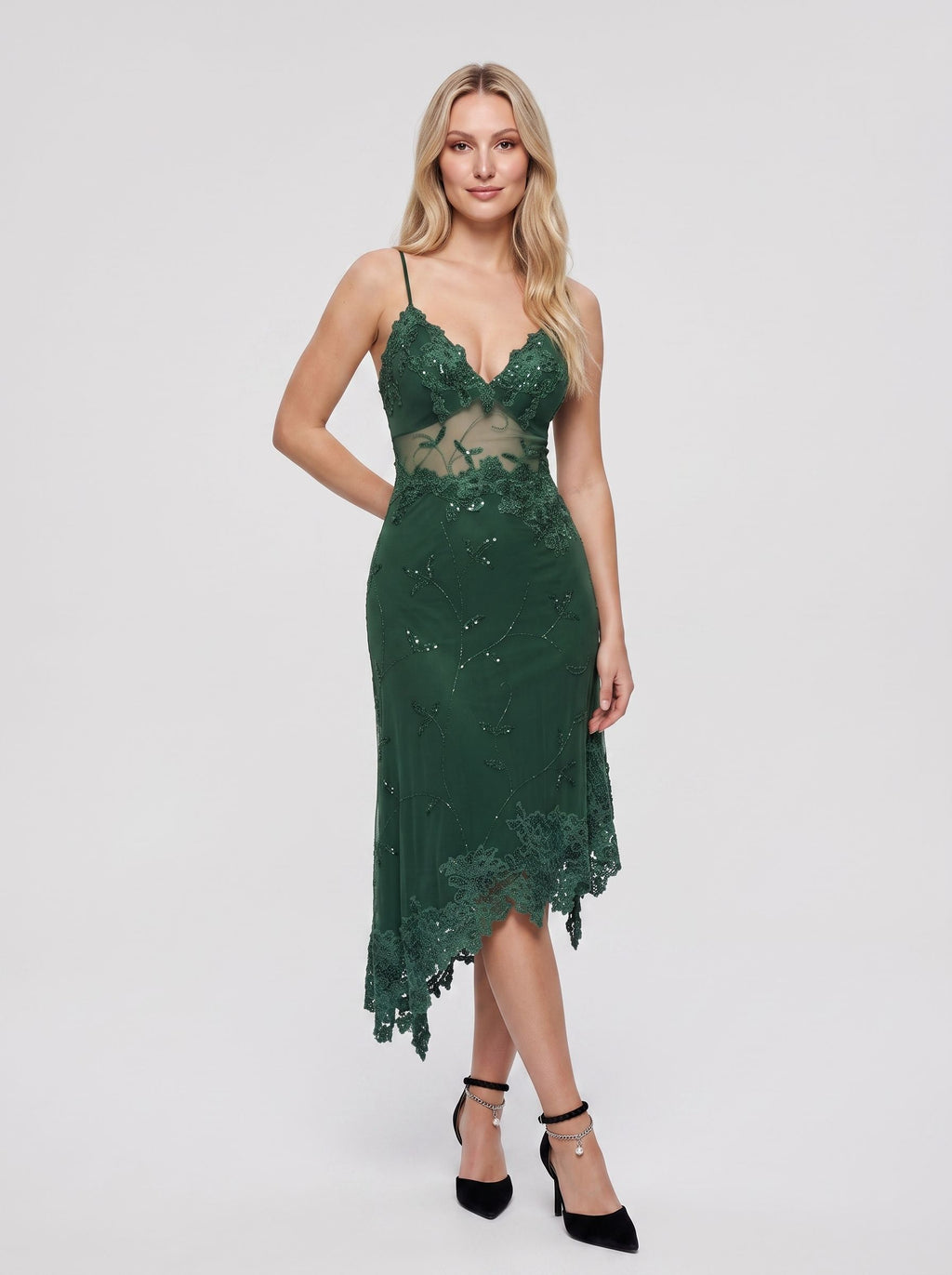 Forest Green Chiffon column V-Neck Backless Short Dress with Beaded Lace