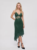 Forest Green Chiffon column V-Neck Backless Short Dress with Beaded Lace
