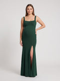 Forest Green Stretch Knit Trumpet Square Neck Back Zip Floor-Length Dress with Front Slit