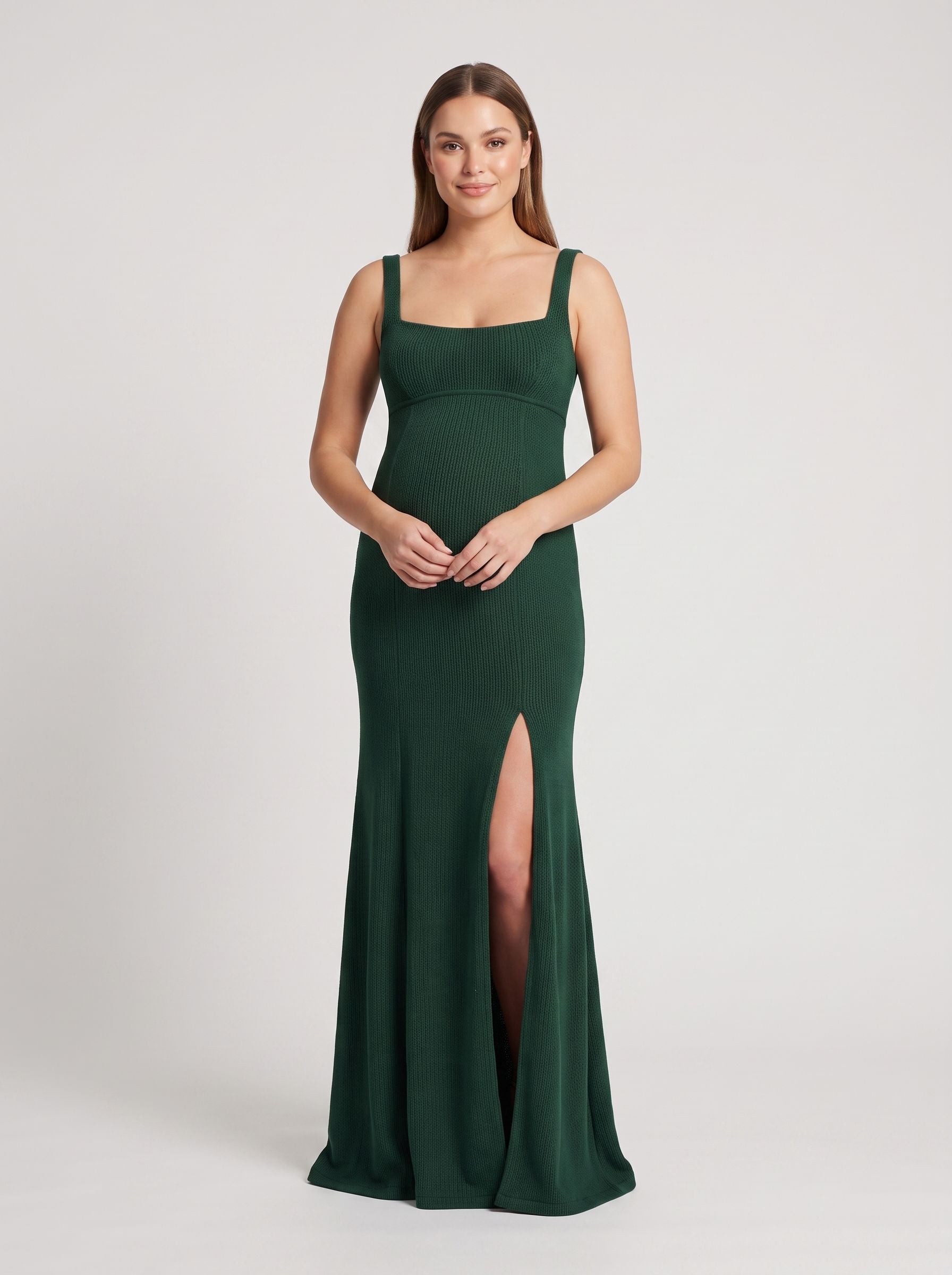 Forest Green Stretch Knit Trumpet Square Neck Back Zip Floor-Length Dress with Front Slit