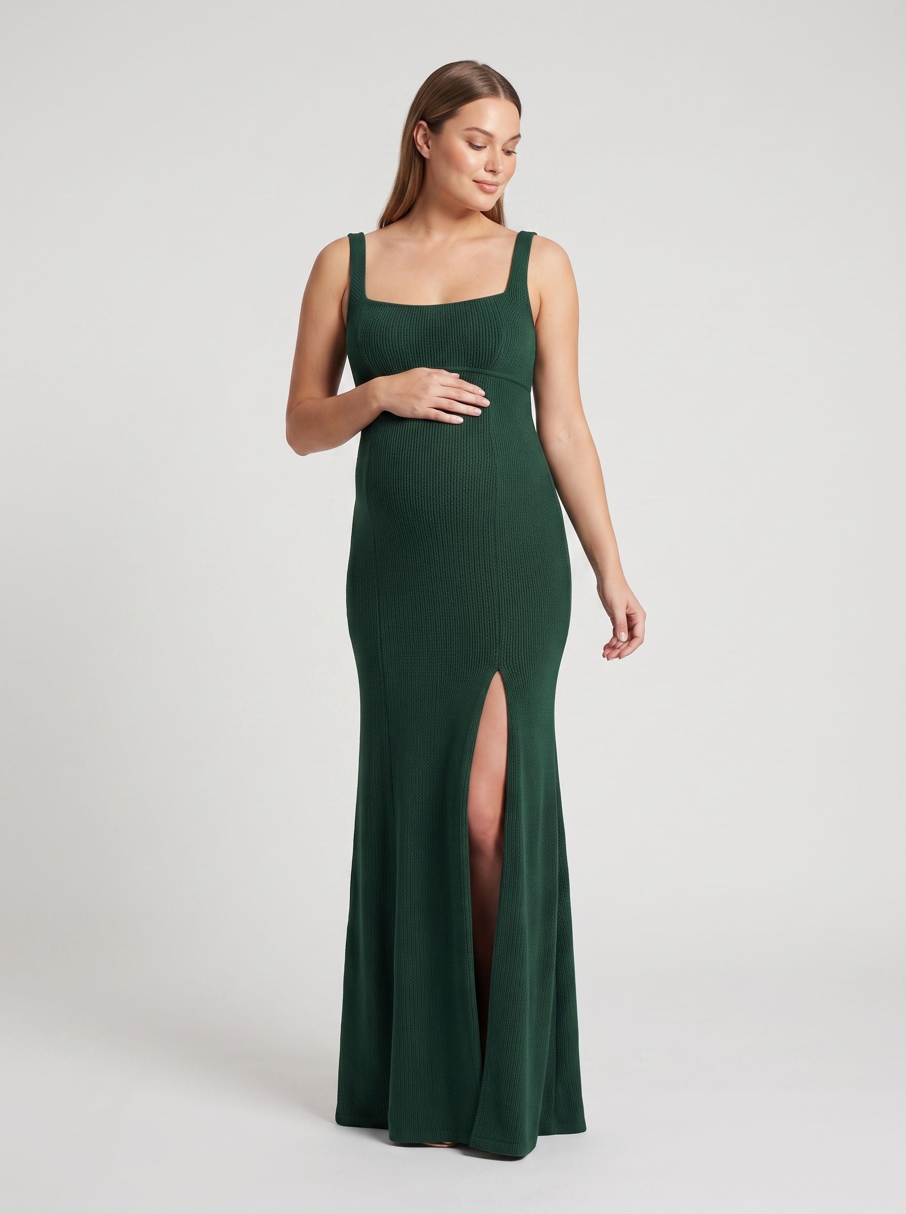 Forest Green Stretch Knit Trumpet Square Neck Back Zip Floor-Length Dress with Front Slit