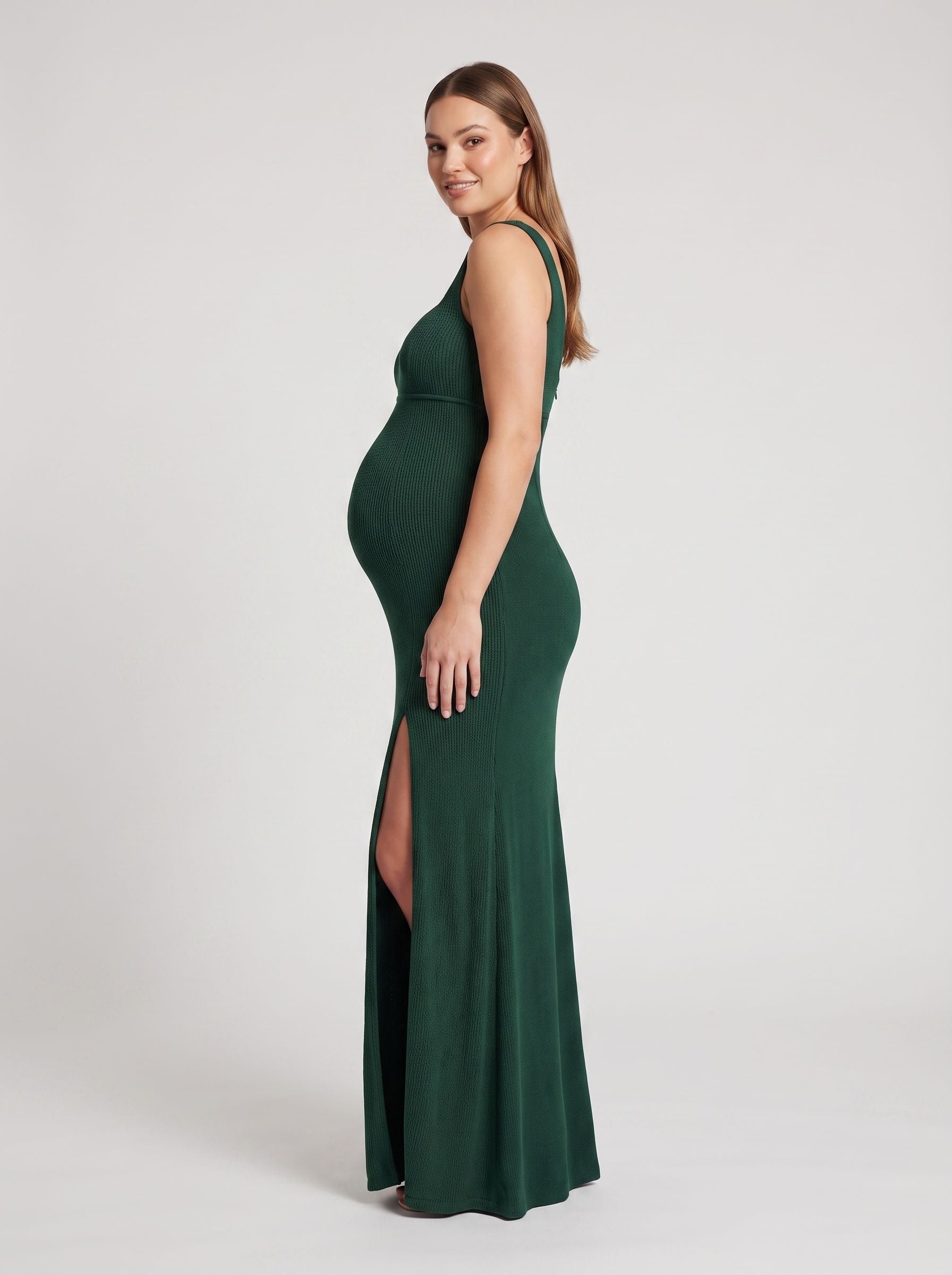 Forest Green Stretch Knit Trumpet Square Neck Back Zip Floor-Length Dress with Front Slit