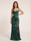 Forest Green Satin Mermaid Straight Neck Back Zip Floor-Length Dress with Side Slit