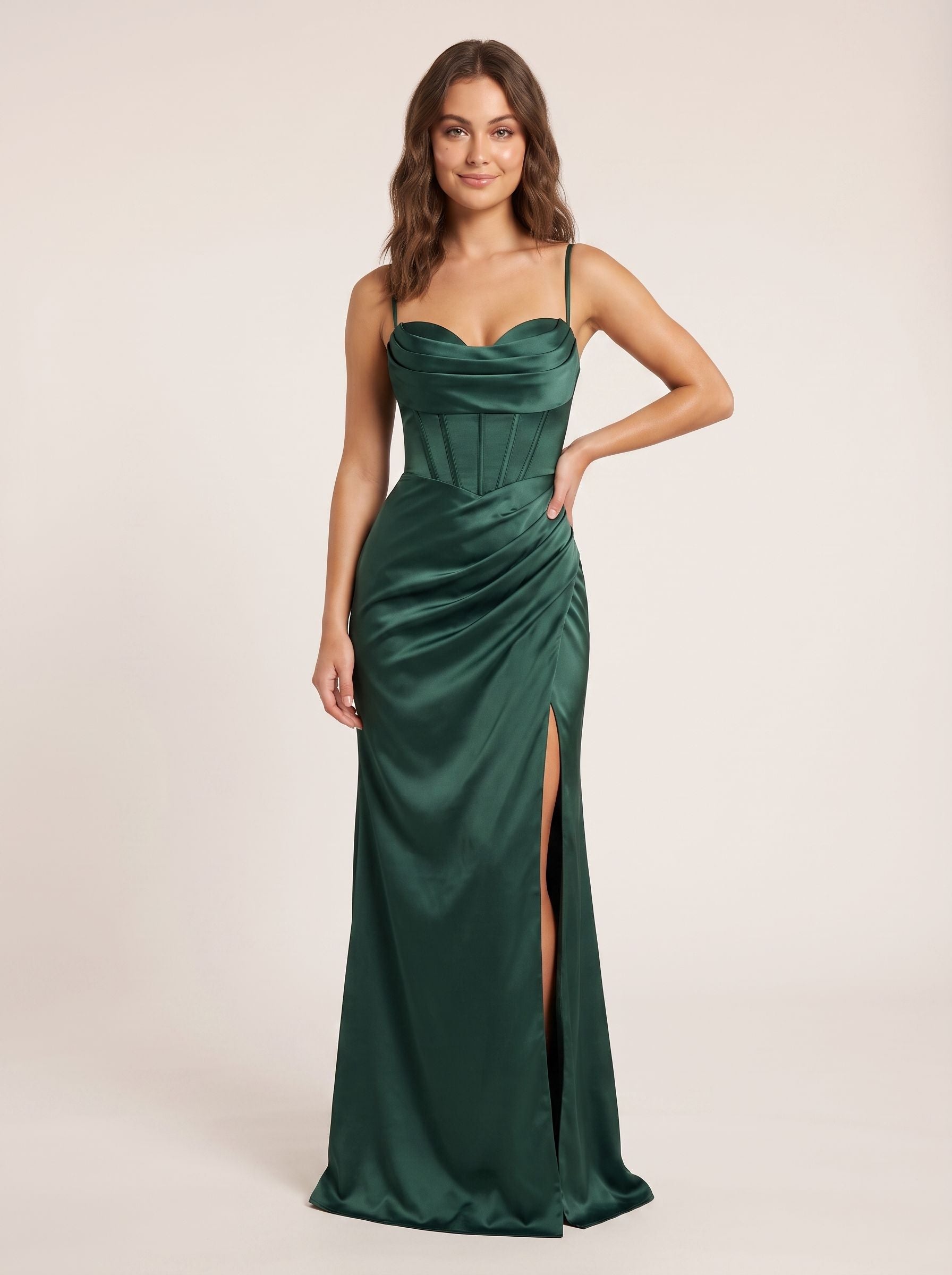 Forest Green Satin Mermaid Straight Neck Back Zip Floor-Length Dress with Side Slit