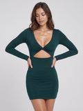 Forest Green Stretch Knit Sheath/column V-Neck Side Zip Short Dress with a Twist Cutout