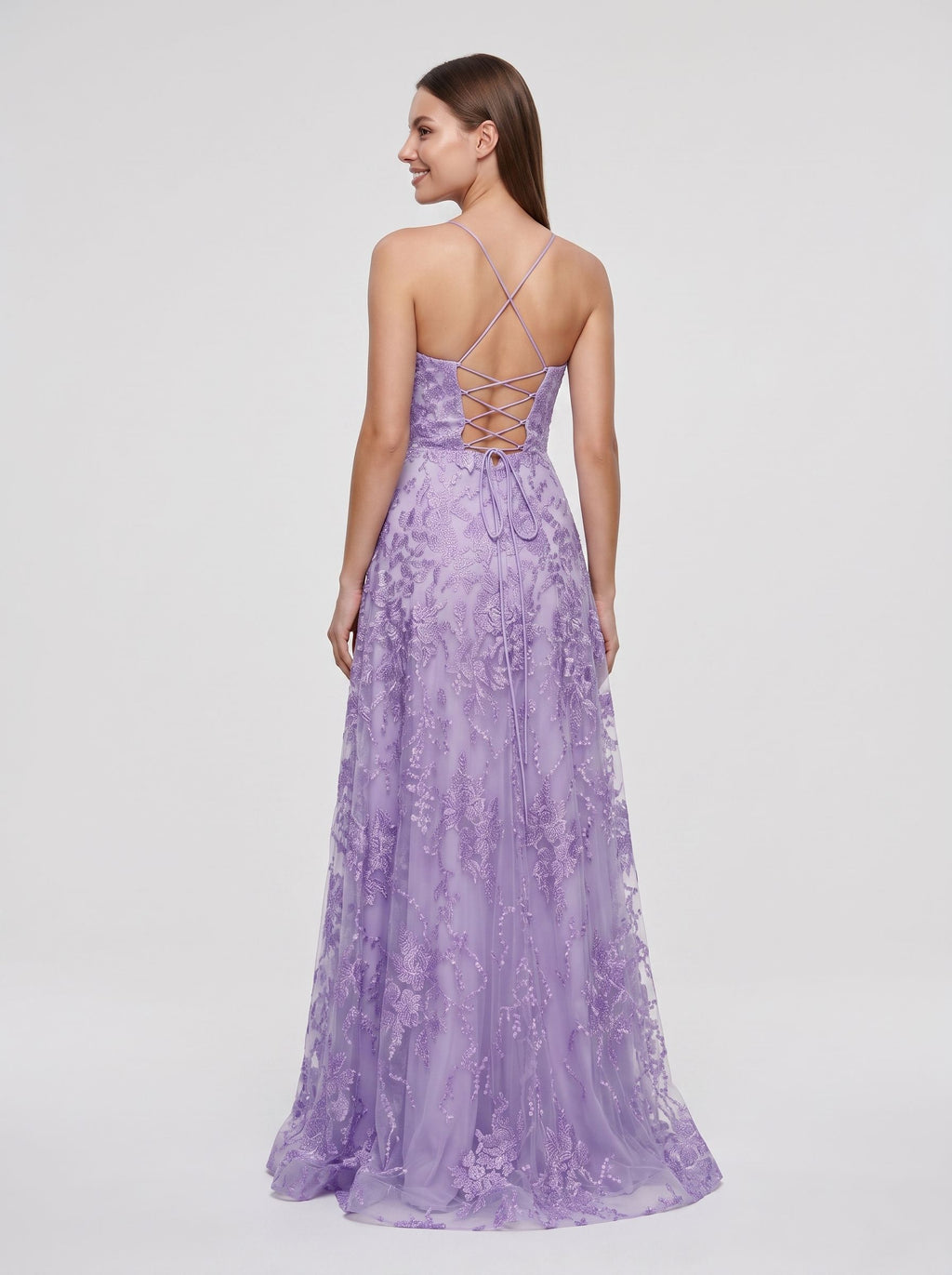 Lavender Lace A-Line V-Neck Lace-up Floor-Length Dress with Thin Shoulder Straps and Open Back