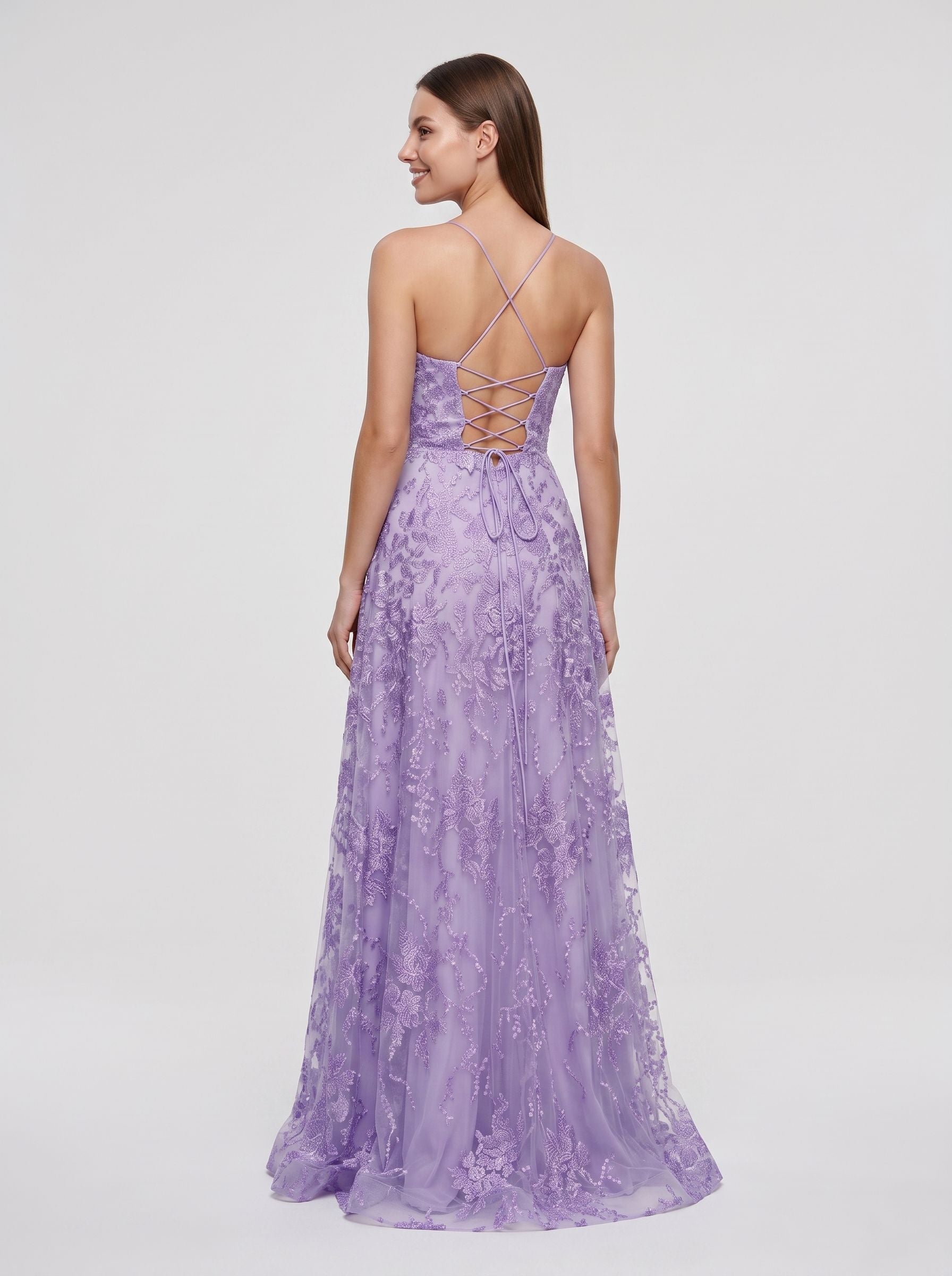 Lavender Lace A-Line V-Neck Lace-up Floor-Length Dress with Thin Shoulder Straps and Open Back