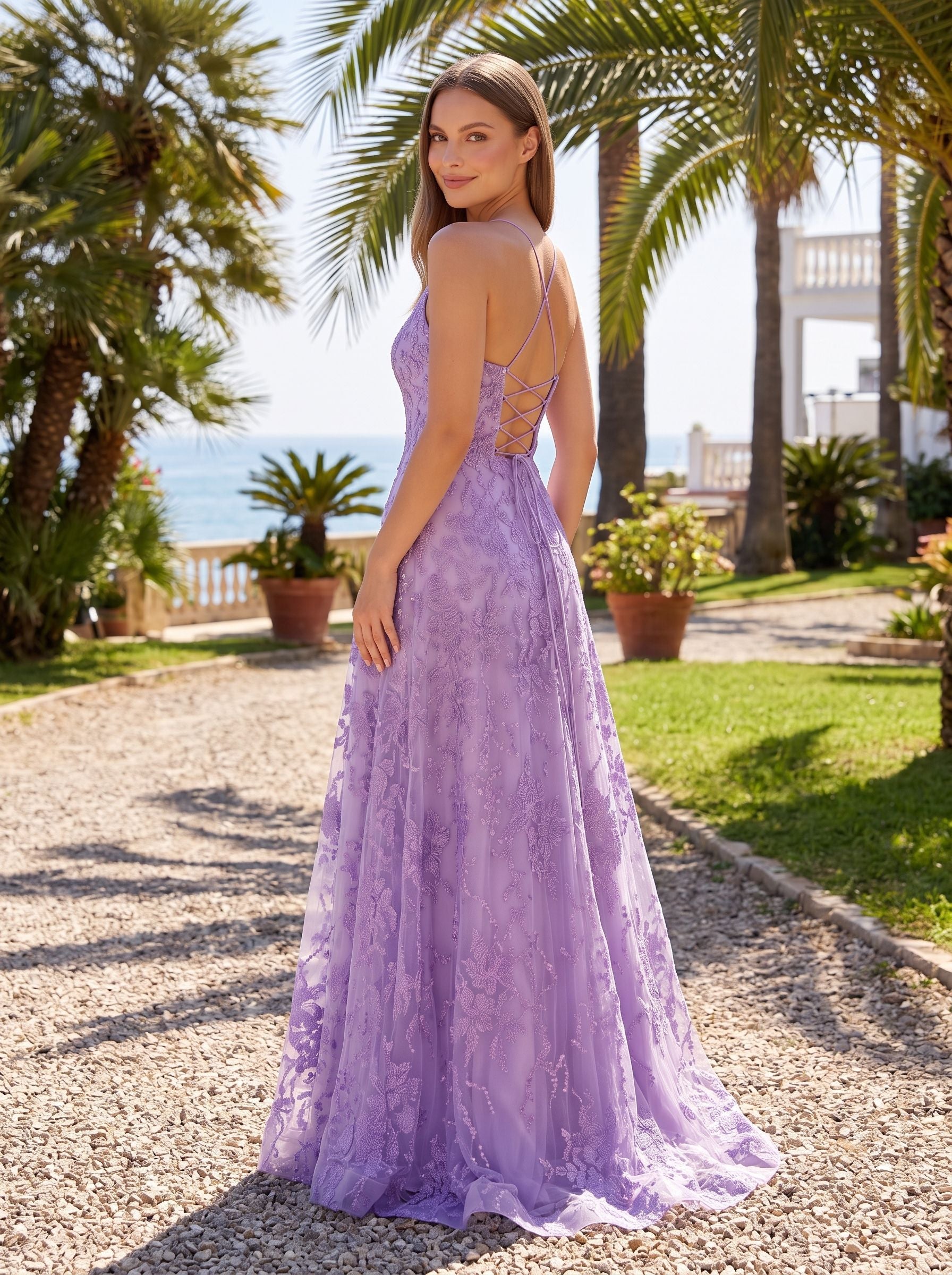 Lavender Lace A-Line V-Neck Lace-up Floor-Length Dress with Thin Shoulder Straps and Open Back