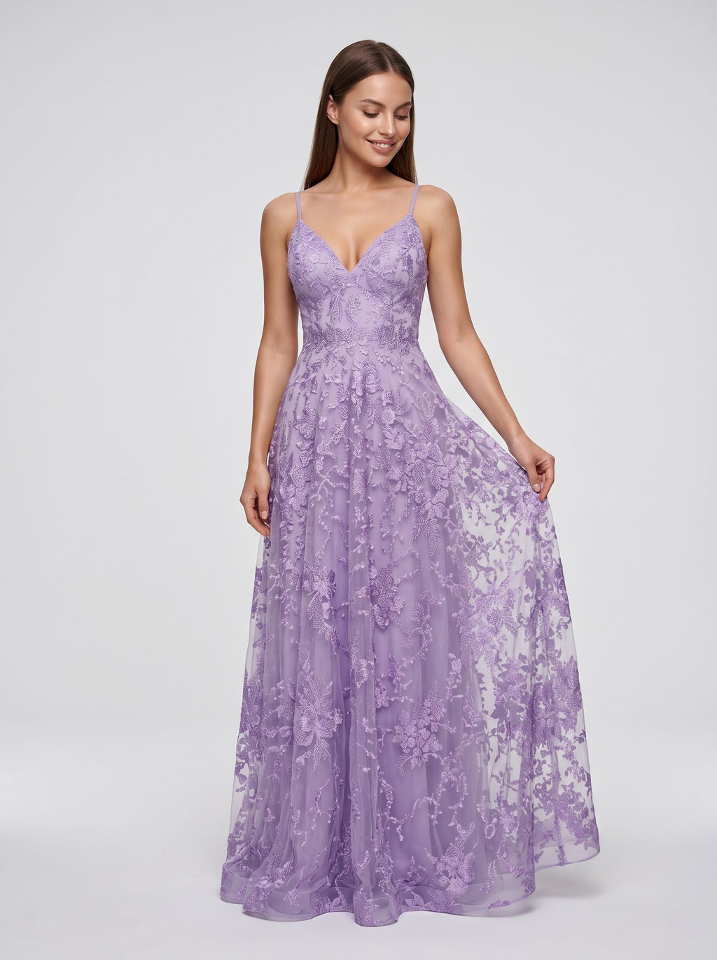 Lavender Lace A-Line V-Neck Lace-up Floor-Length Dress with Thin Shoulder Straps and Open Back