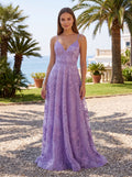 Lavender Lace A-Line V-Neck Lace-up Floor-Length Dress with Thin Shoulder Straps and Open Back