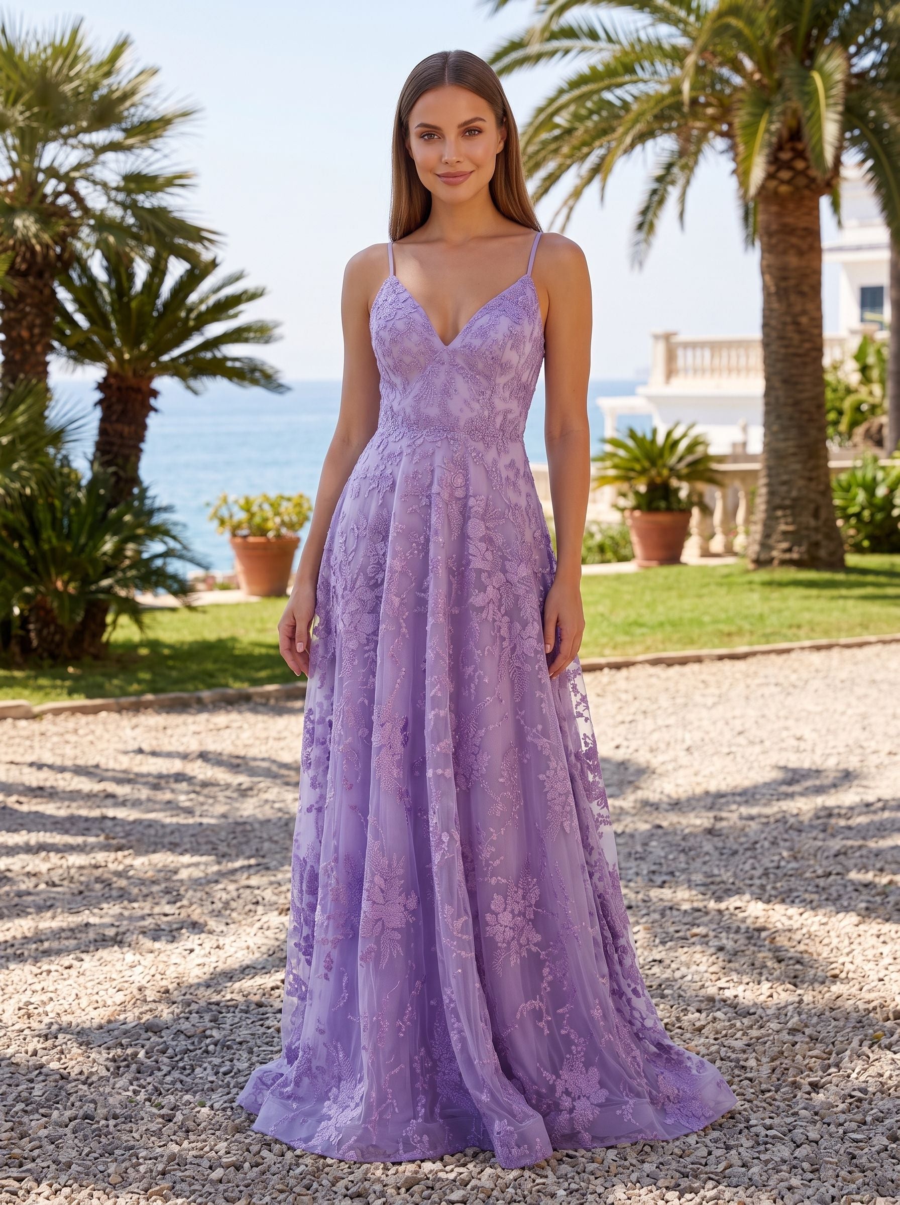 Lavender Lace A-Line V-Neck Lace-up Floor-Length Dress with Thin Shoulder Straps and Open Back