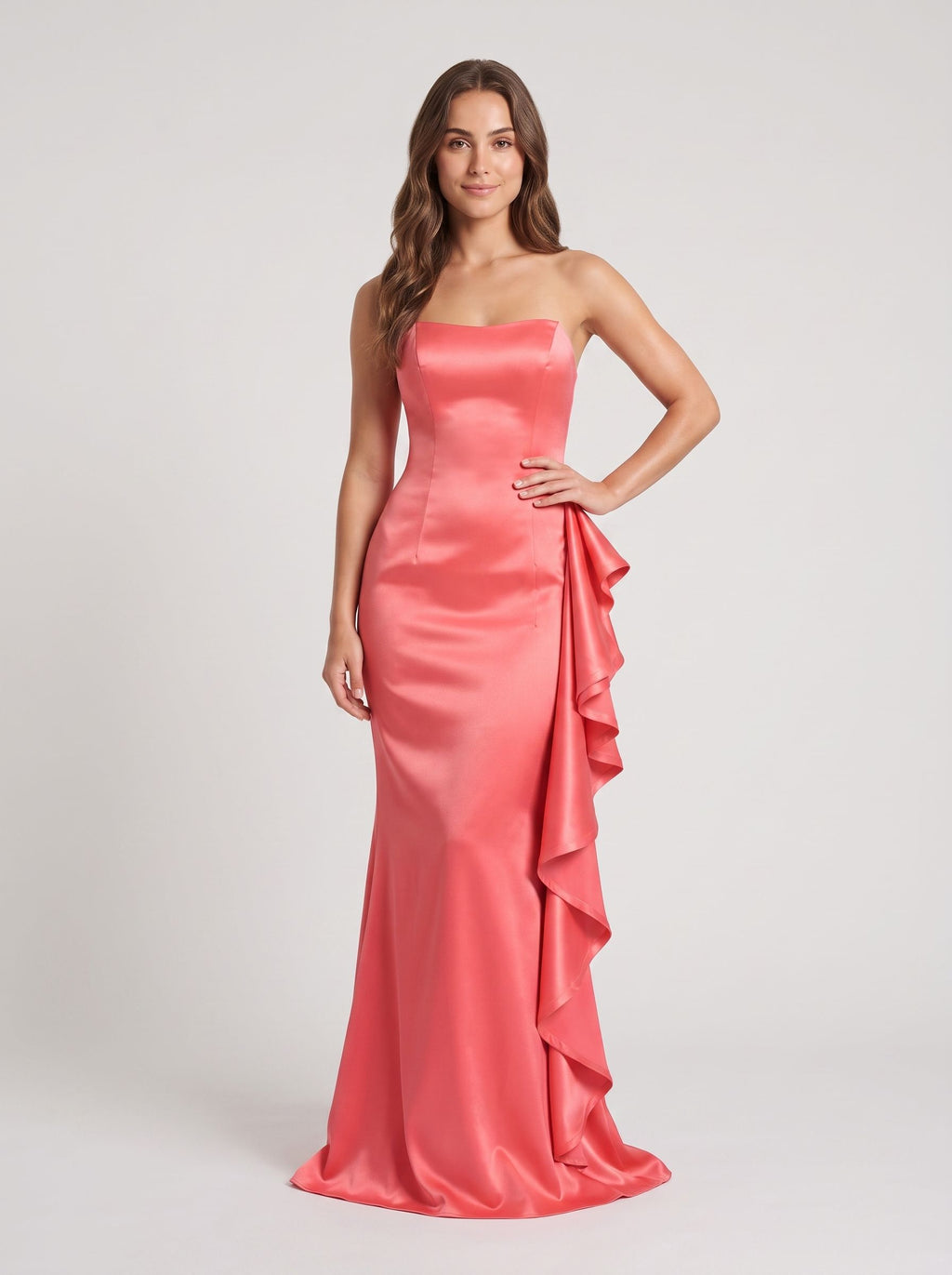 Coral Satin mermaid Straight Neck Back Zip Floor-Length Dress with Cascading side ruffle