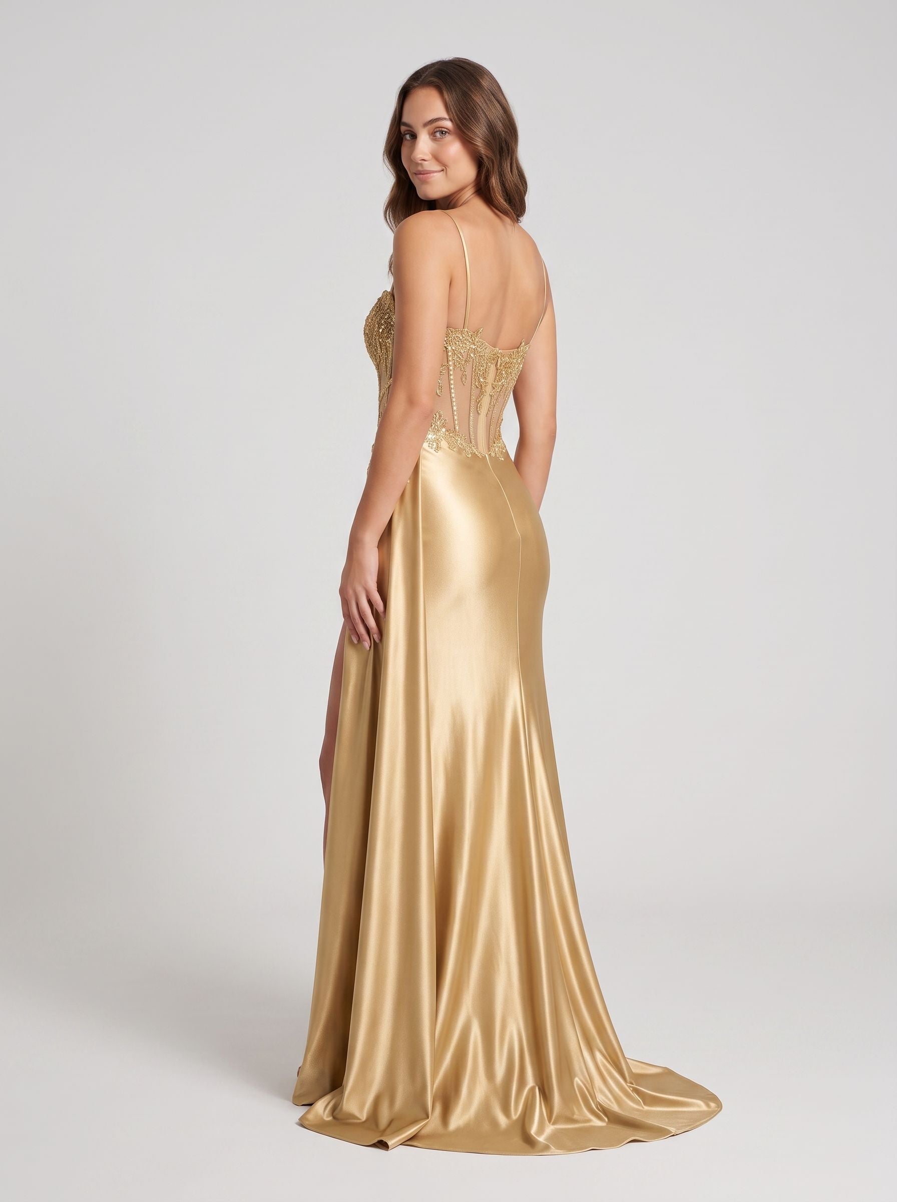 Gold Lace Sheath Sweetheart Corset Back Floor-Length Dress with Side Slit