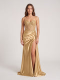 Gold Lace Sheath Sweetheart Corset Back Floor-Length Dress with Side Slit