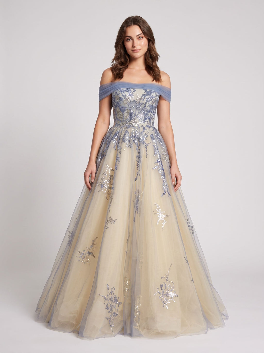 Blue Tulle A-Line Off-the-Shoulder Illusion Floor-Length  with Scalloped Eyelash Trim