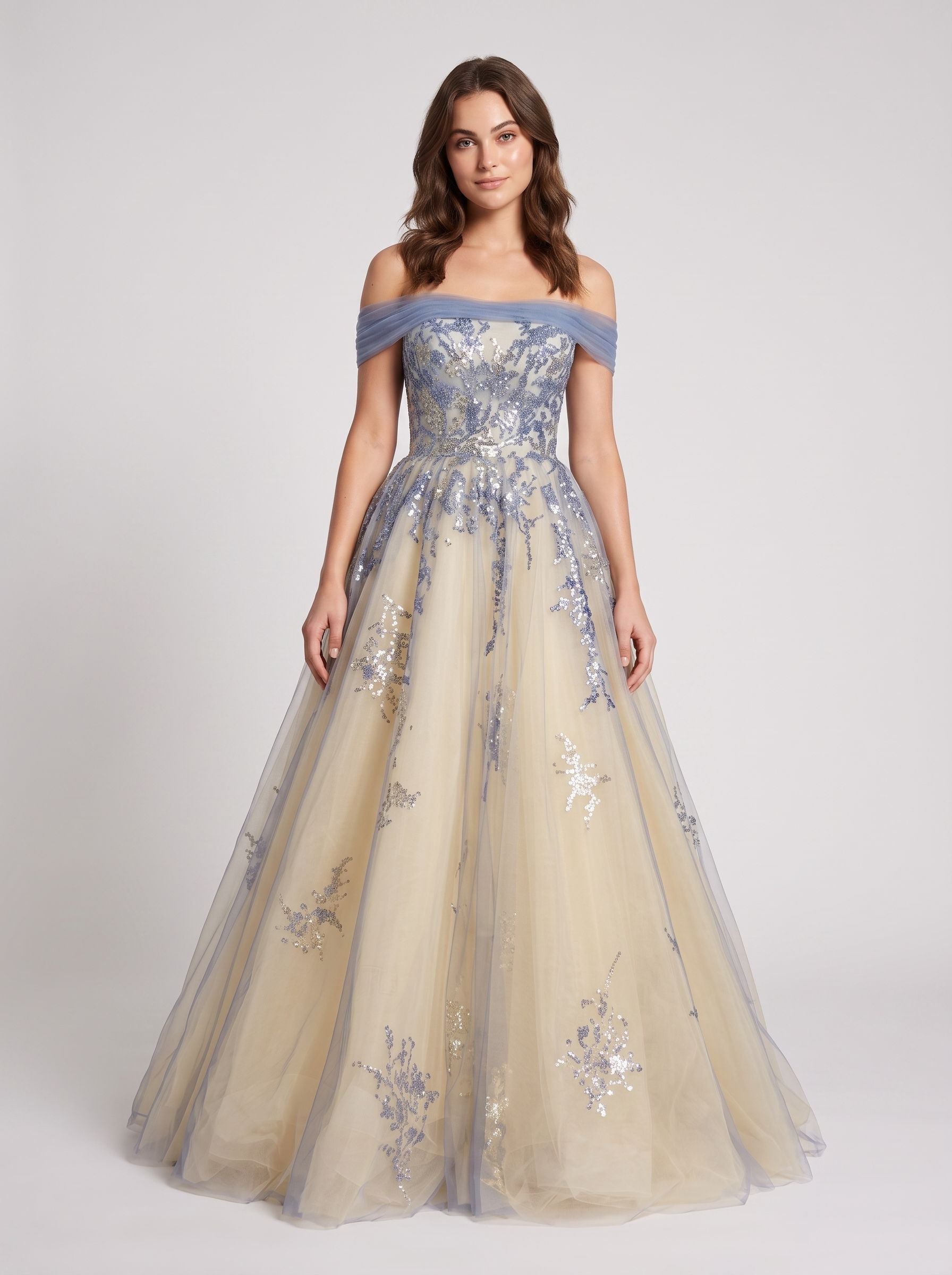 Blue Tulle A-Line Off-the-Shoulder Illusion Floor-Length  with Scalloped Eyelash Trim