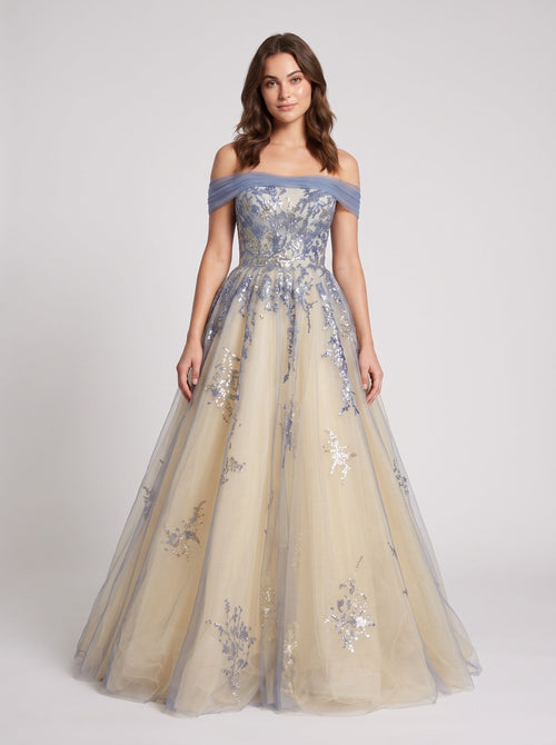 Blue Tulle A-Line Off-the-Shoulder Illusion Floor-Length  with Scalloped Eyelash Trim