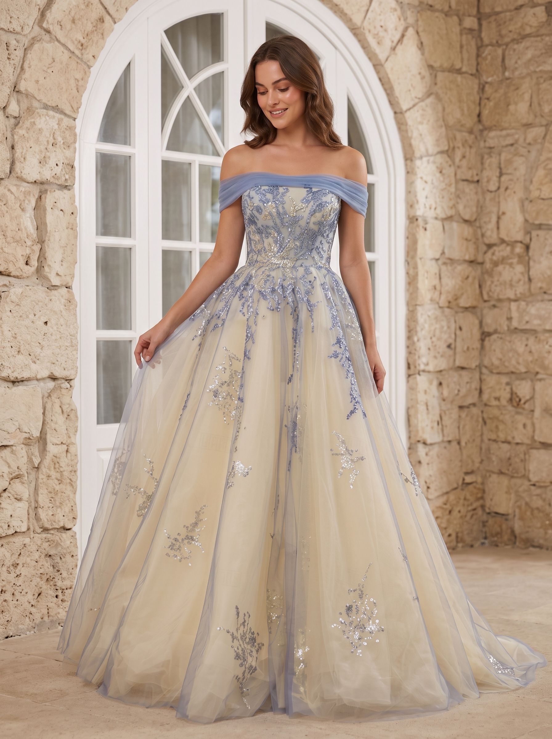 Blue Tulle A-Line Off-the-Shoulder Illusion Floor-Length  with Scalloped Eyelash Trim