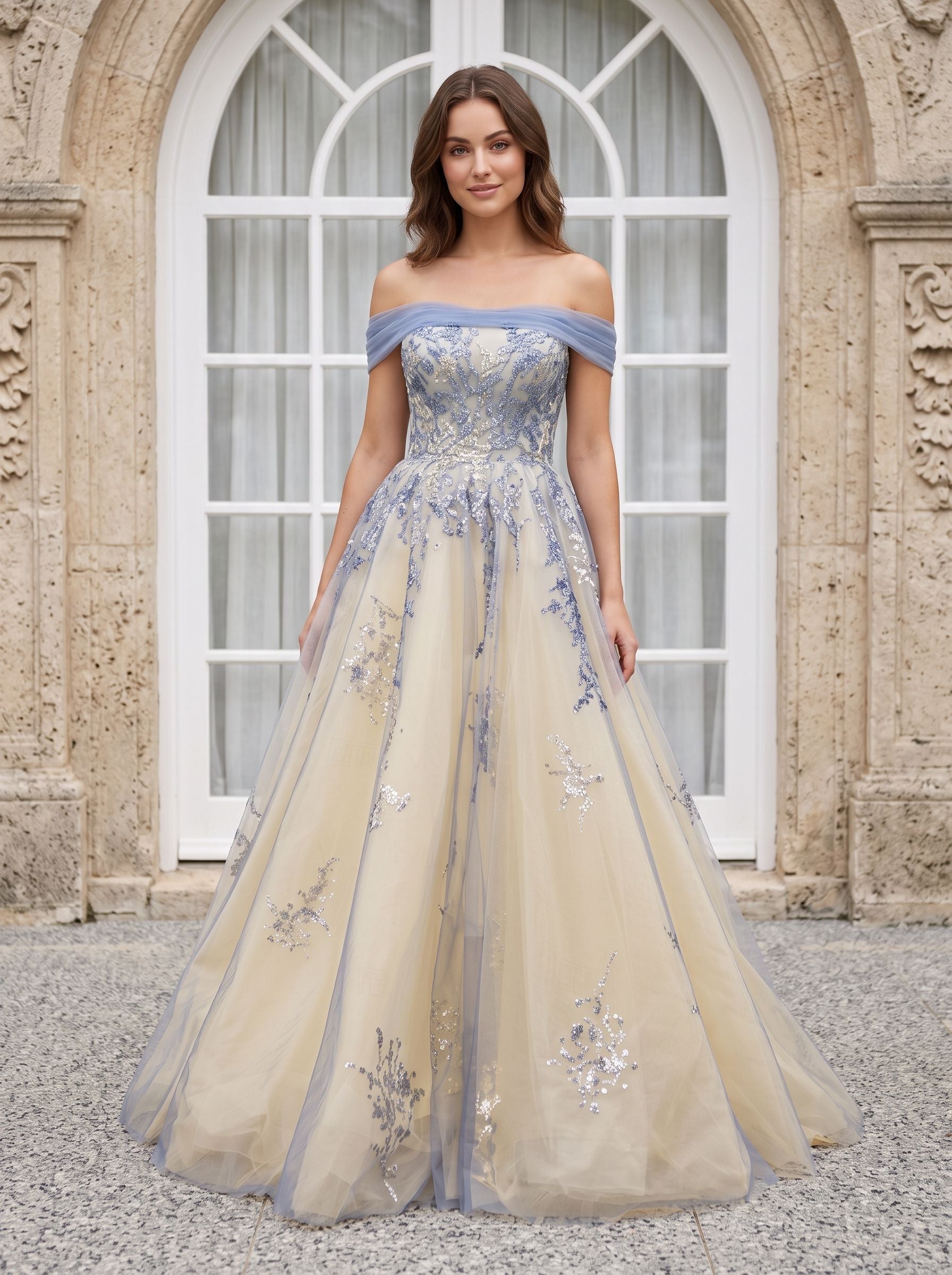 Blue Tulle A-Line Off-the-Shoulder Illusion Floor-Length  with Scalloped Eyelash Trim