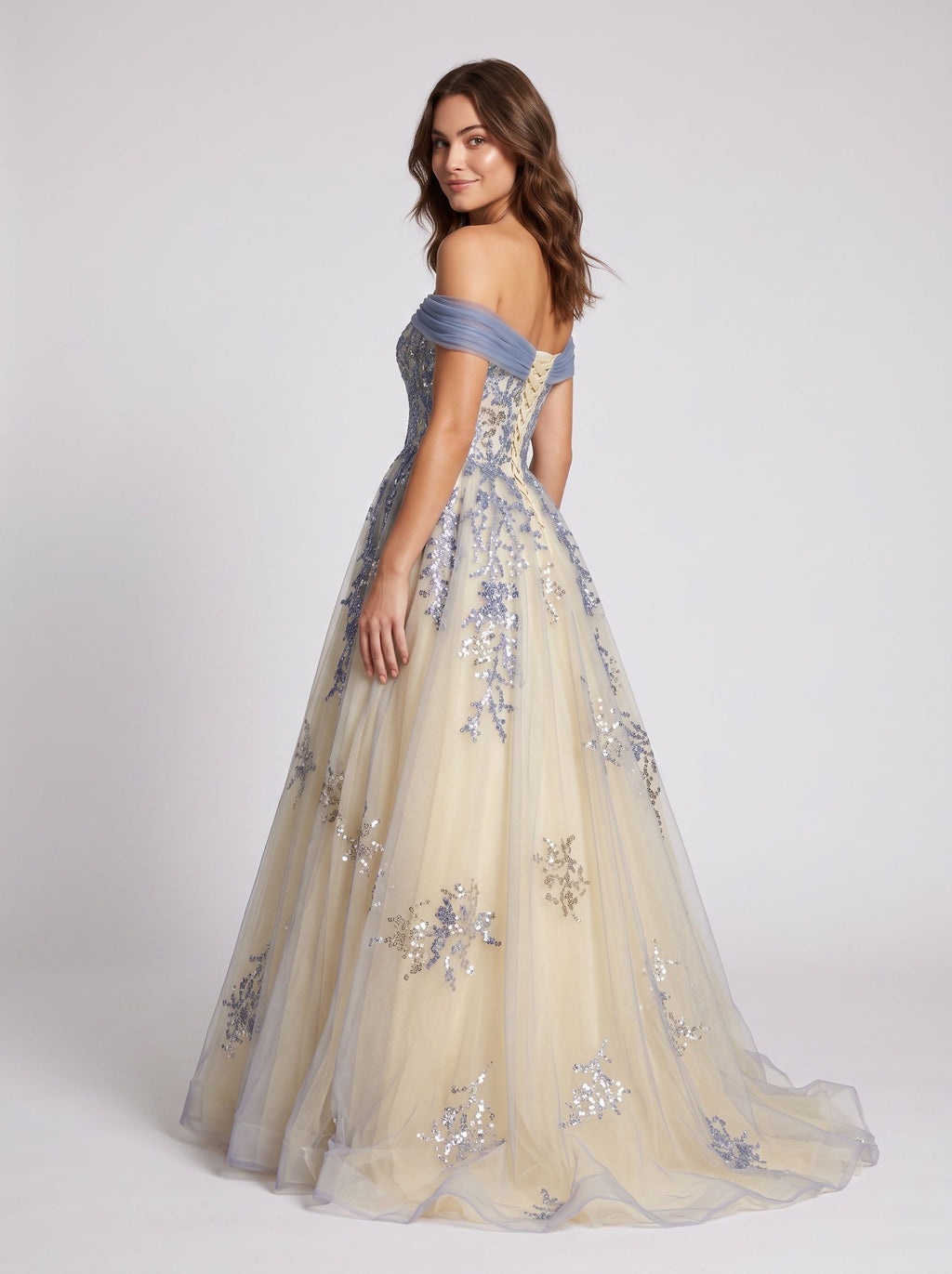 Blue Tulle A-Line Off-the-Shoulder Illusion Floor-Length  with Scalloped Eyelash Trim