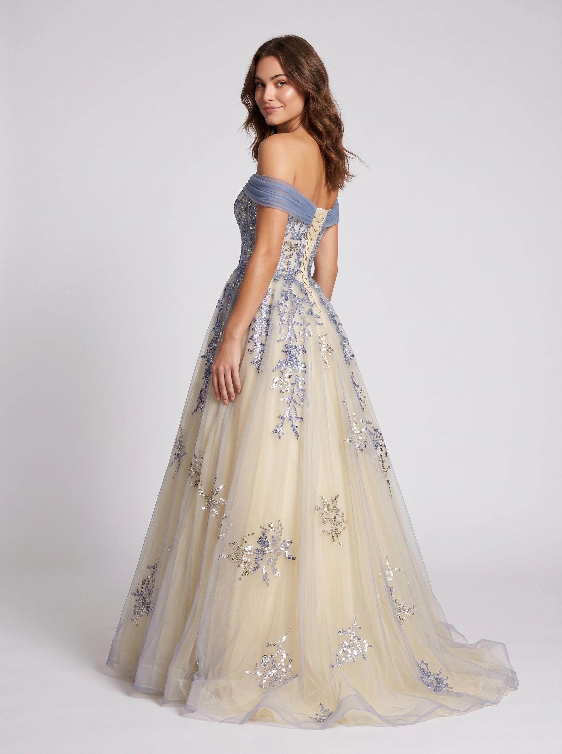 Blue Tulle A-Line Off-the-Shoulder Illusion Floor-Length  with Scalloped Eyelash Trim