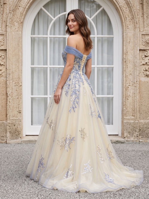 Blue Tulle A-Line Off-the-Shoulder Illusion Floor-Length  with Scalloped Eyelash Trim
