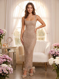 Gold Rhinestone Mesh Sheath Square Neck Side Zip Floor-Length Dress