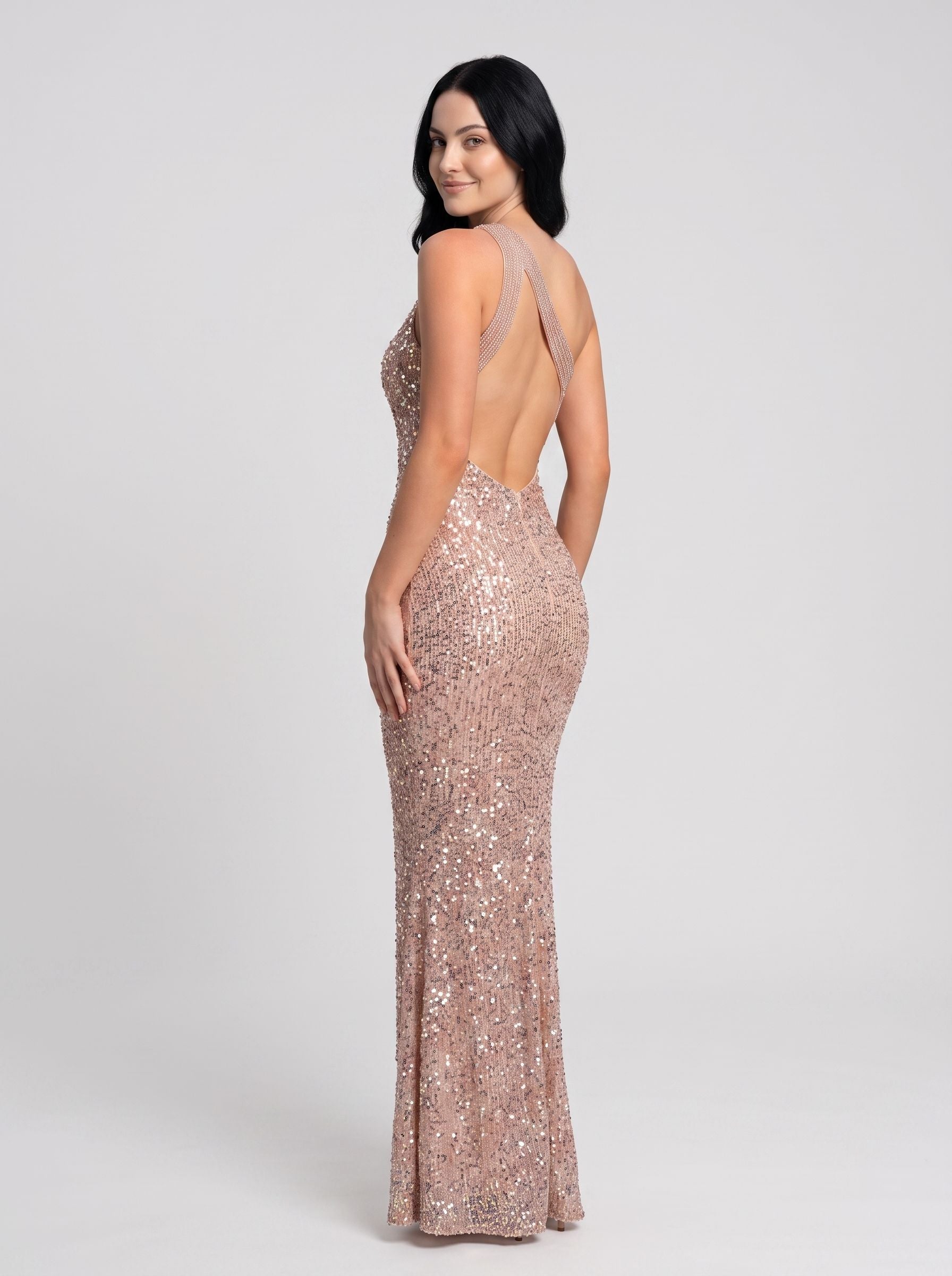 Gold Sequin Mermaid One Shoulder Backless Floor-Length Dress with High Slit