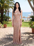 Gold Sequin Mermaid One Shoulder Backless Floor-Length Dress with High Slit