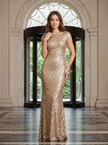 Gold Sequins Column Scoop Neck Backless Floor-Length Dress with High Slit