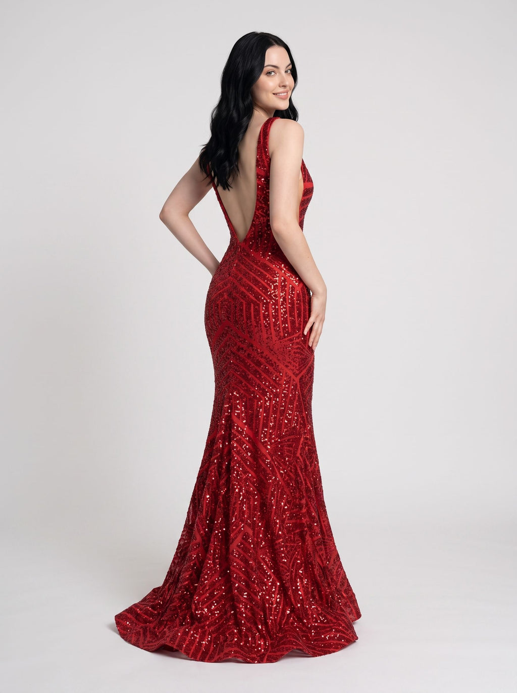  Red Sequins column V-Neck Back Zip Floor-Length Dress with High Slit