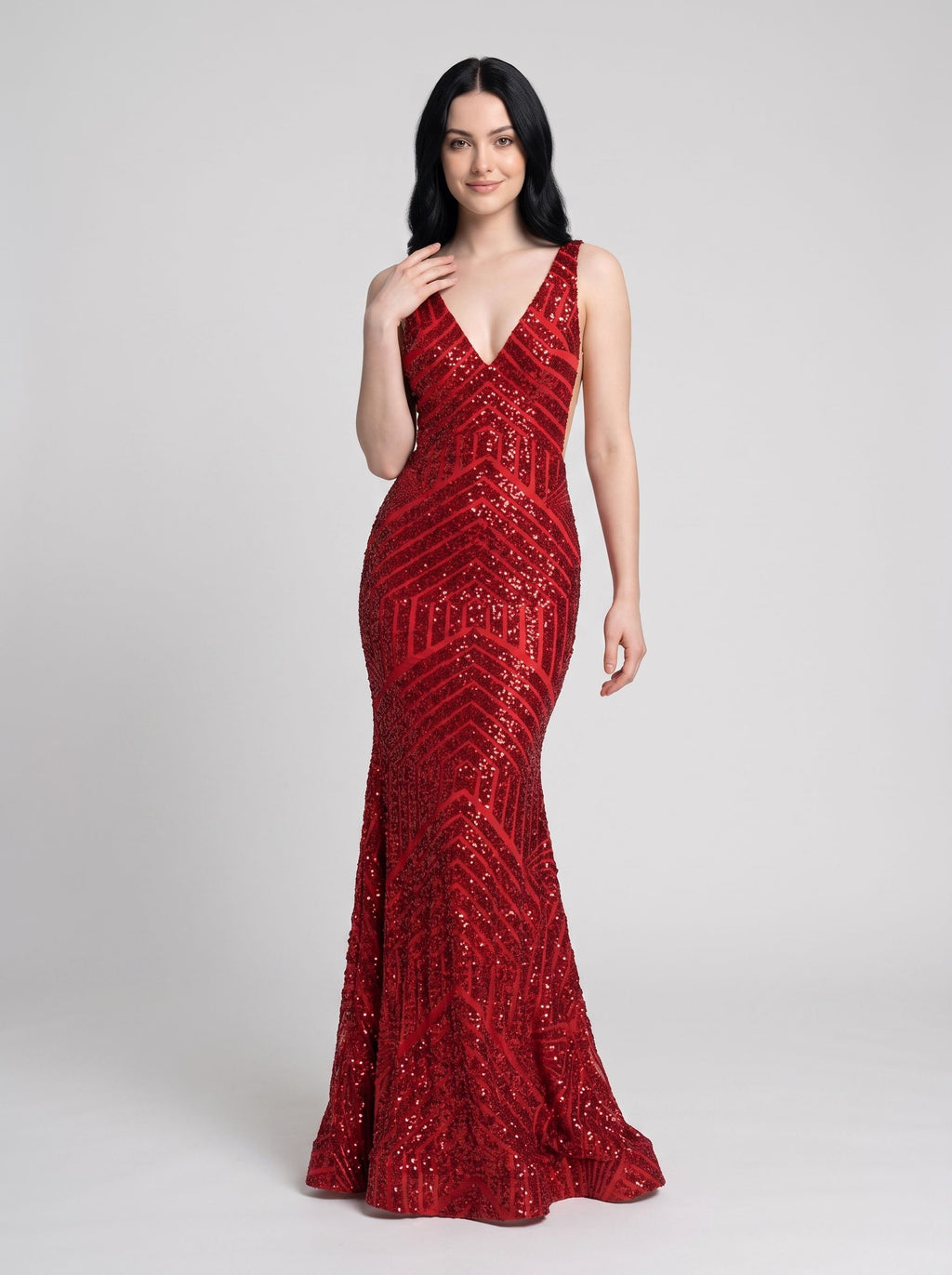  Red Sequins column V-Neck Back Zip Floor-Length Dress with High Slit