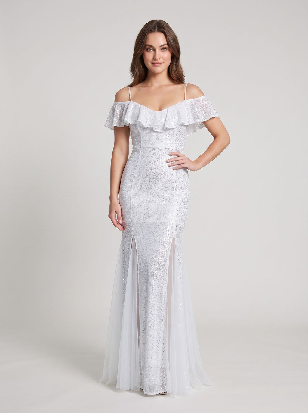 White Sequin Mermaid V-Neck Back Zip Floor-Length Dress with Tassel Fringe