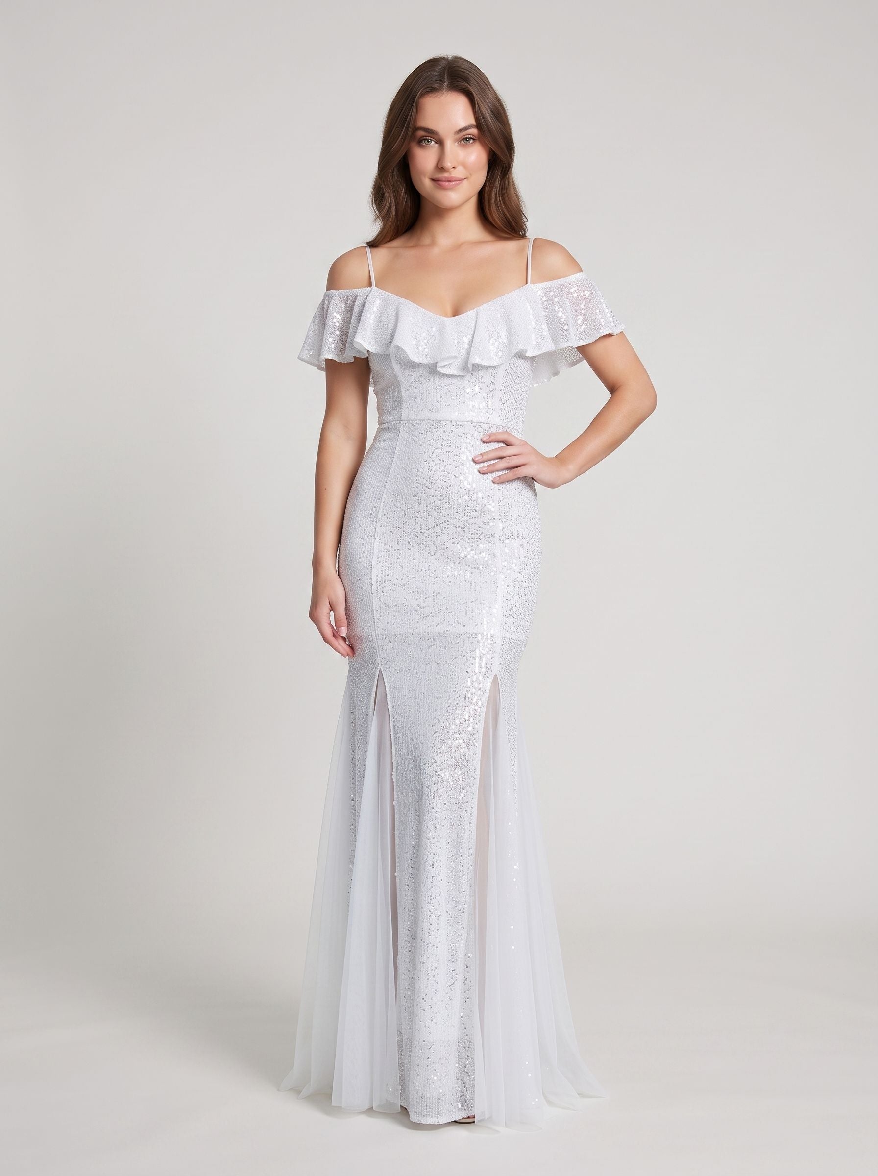 White Sequin Mermaid V-Neck Back Zip Floor-Length Dress with Tassel Fringe