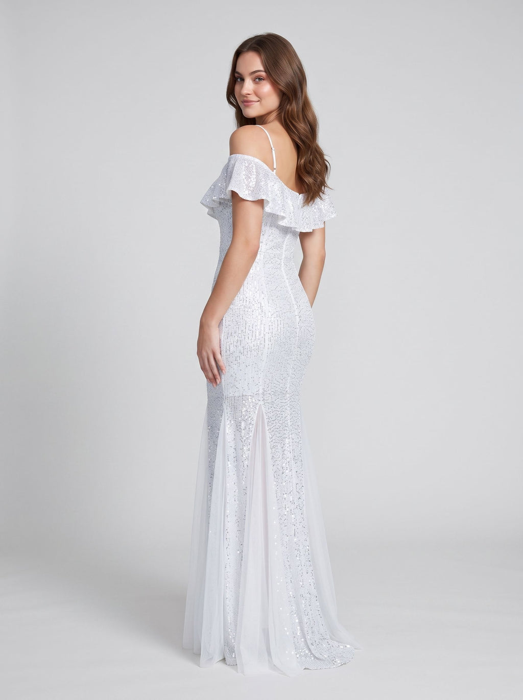 White Sequin Mermaid V-Neck Back Zip Floor-Length Dress with Tassel Fringe