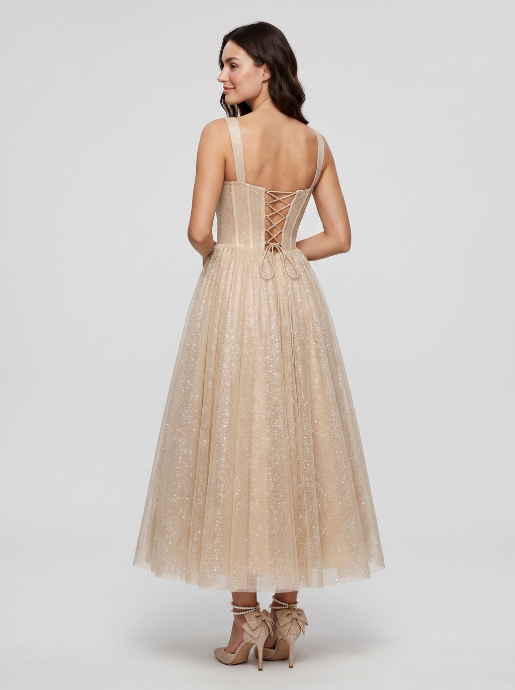 Sand Sequins A-Line Square Neck Back Zip Tea-Length Dress with Supportive Straps