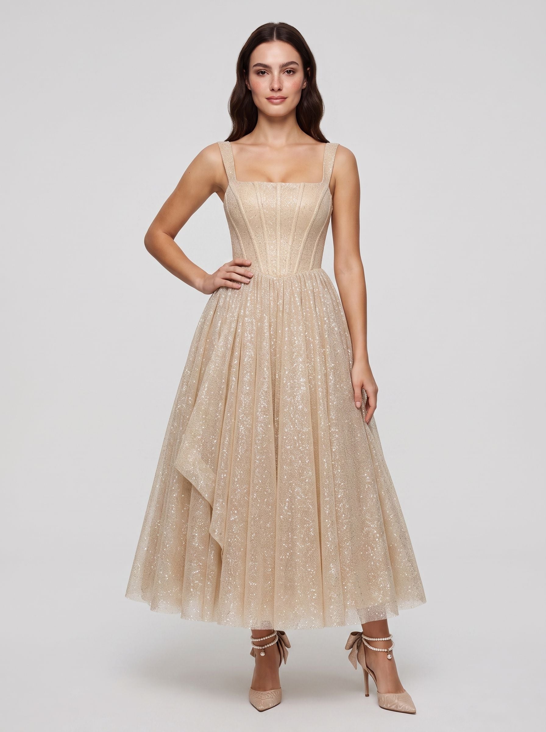 Sand Sequins A-Line Square Neck Back Zip Tea-Length Dress with Supportive Straps