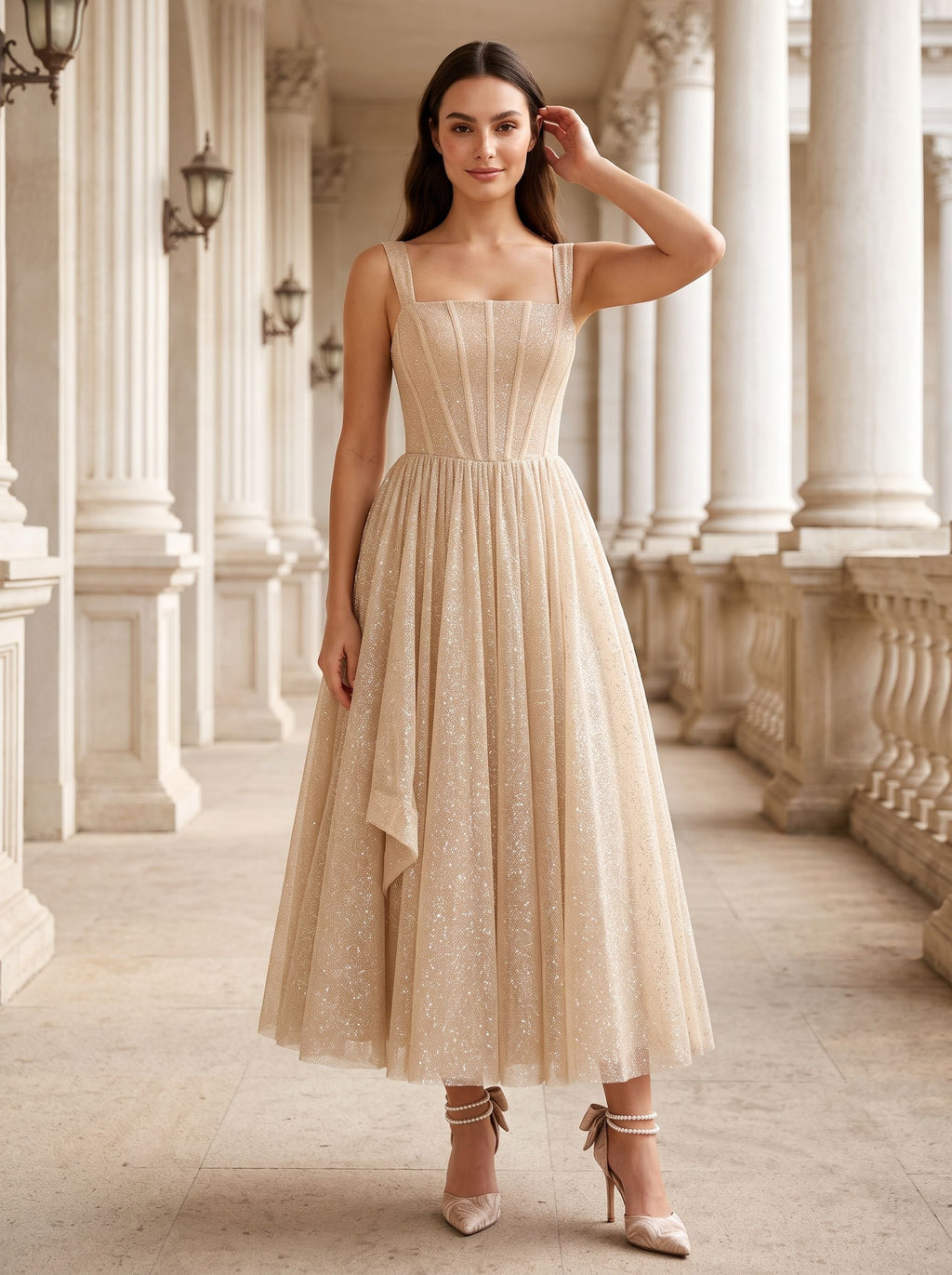 Sand Sequins A-Line Square Neck Back Zip Tea-Length Dress with Supportive Straps