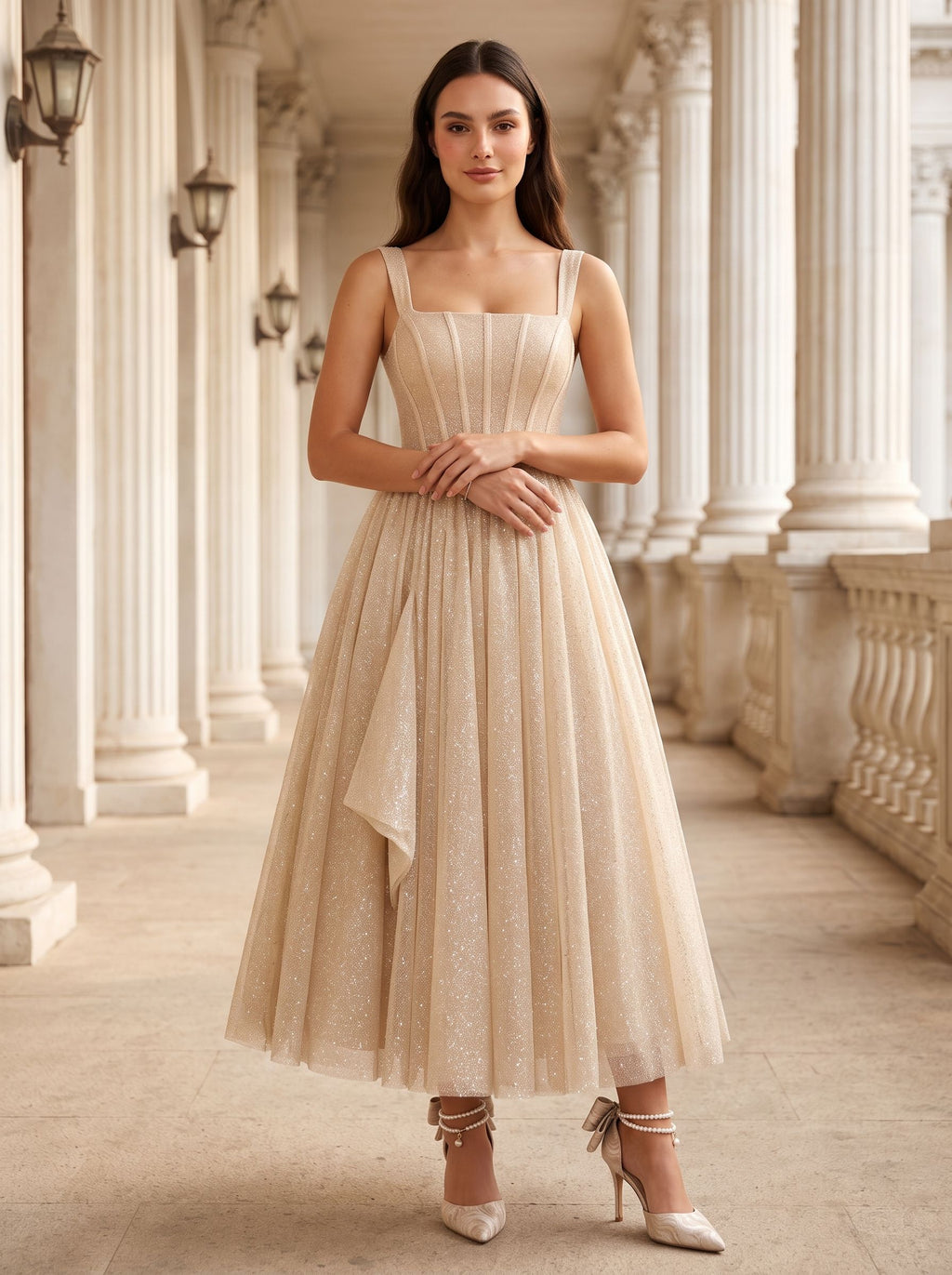 Sand Sequins A-Line Square Neck Back Zip Tea-Length Dress with Supportive Straps
