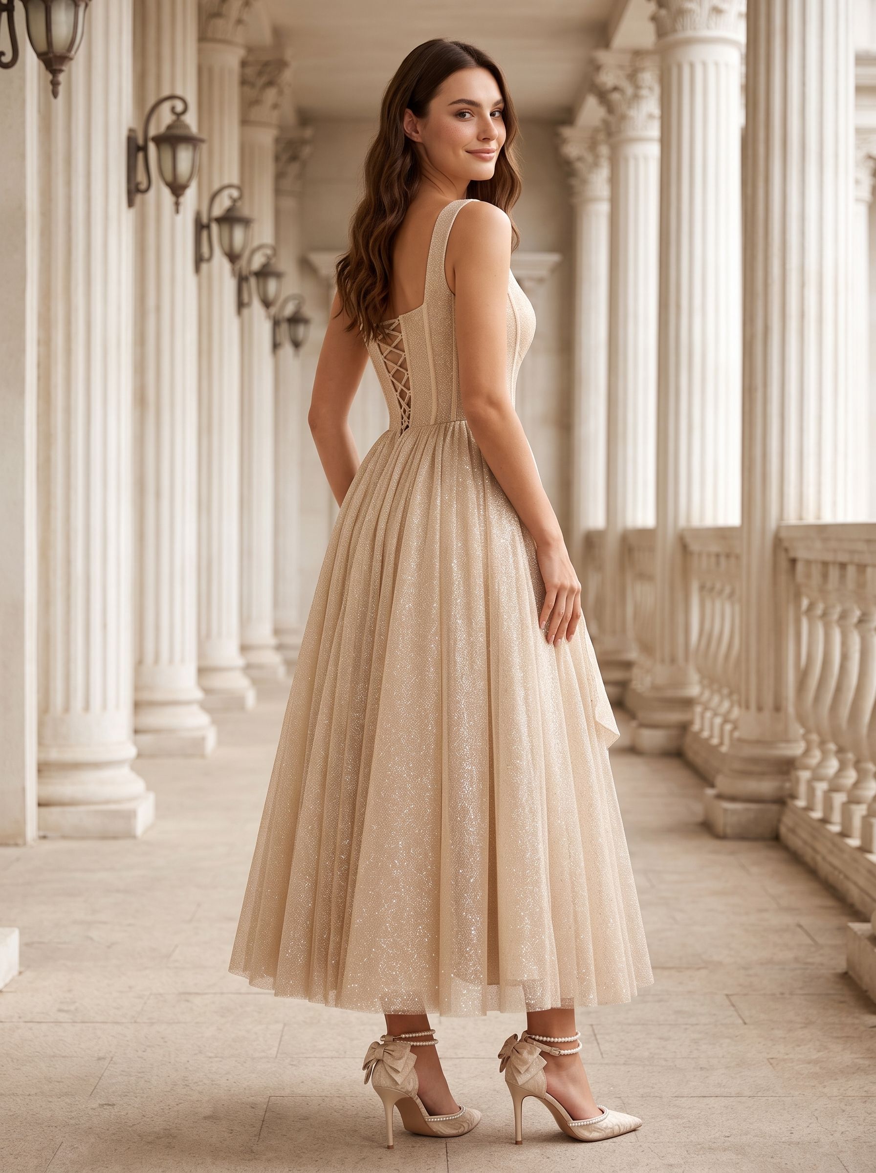 Sand Sequins A-Line Square Neck Back Zip Tea-Length Dress with Supportive Straps