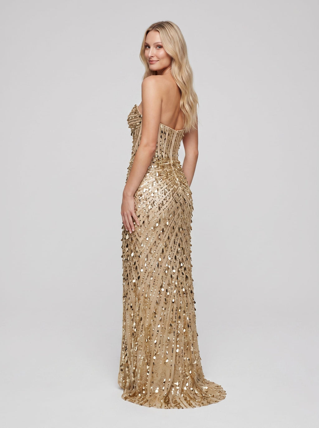 Gold Sequins Mermaid Sweetheart Back Zip Floor-Length Dress with Front Split