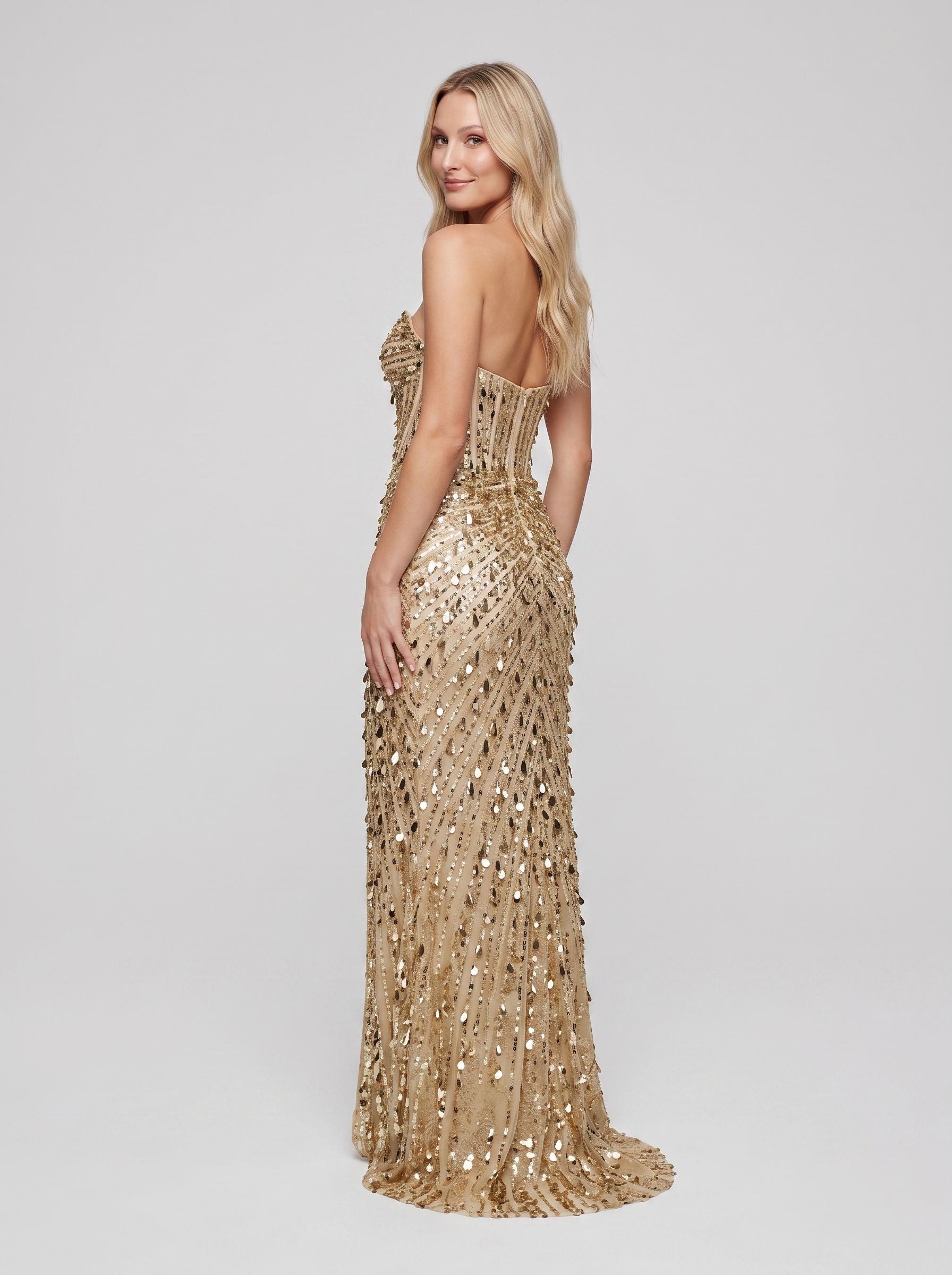 Gold Sequins Mermaid Sweetheart Back Zip Floor-Length Dress with Front Split