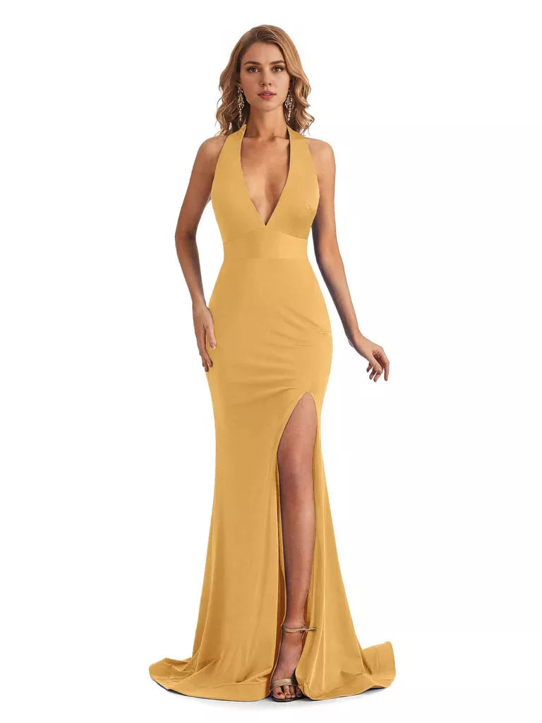 Sexy Mermaid Halter V-neck halter Side Slit  Jersey Long Formal Bridesmaid Dresses
