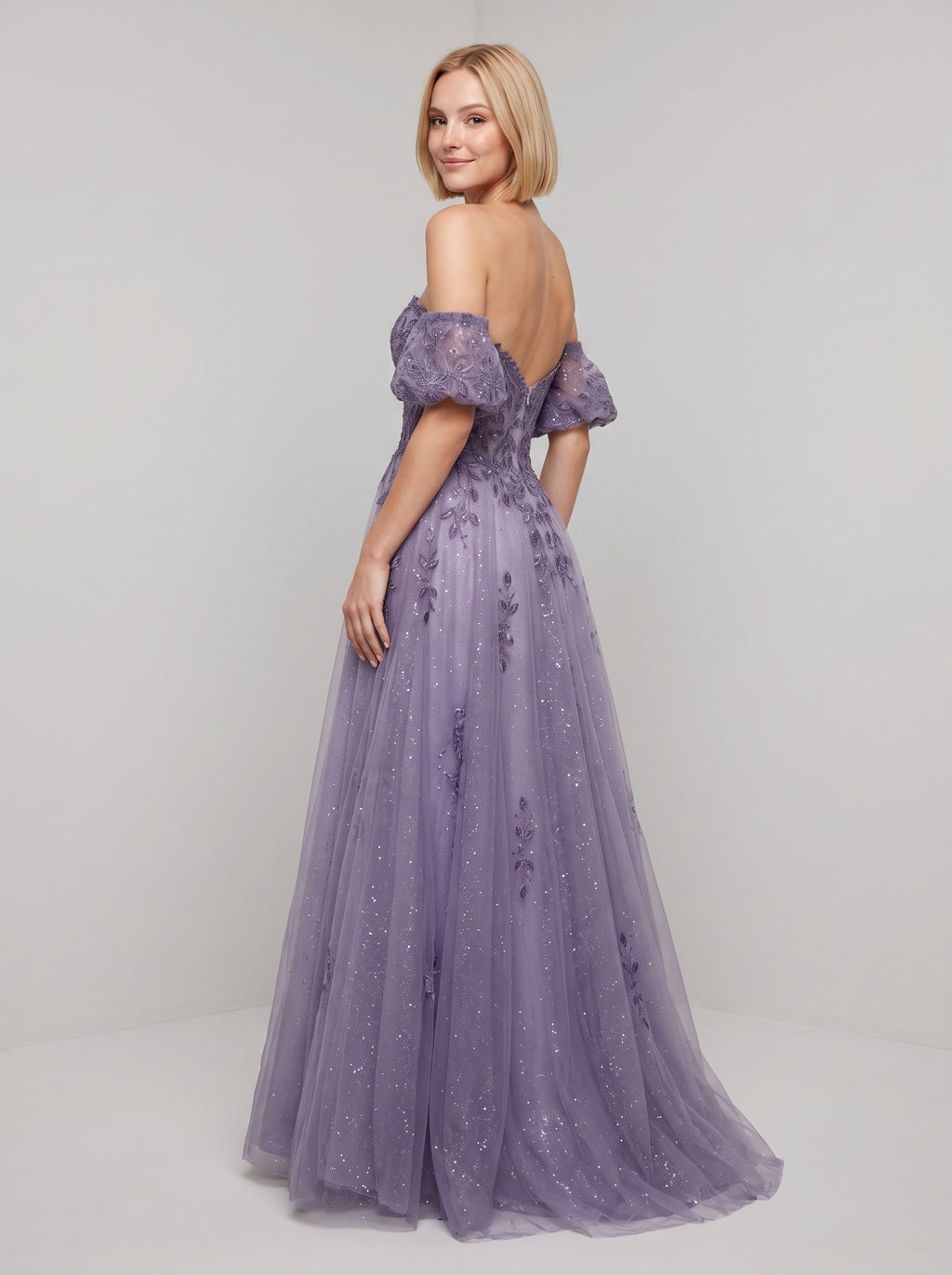 Purple Glitter Tulle A-Line Sweetheart Corset Back Floor-Length Dress with Detachable Sleeves