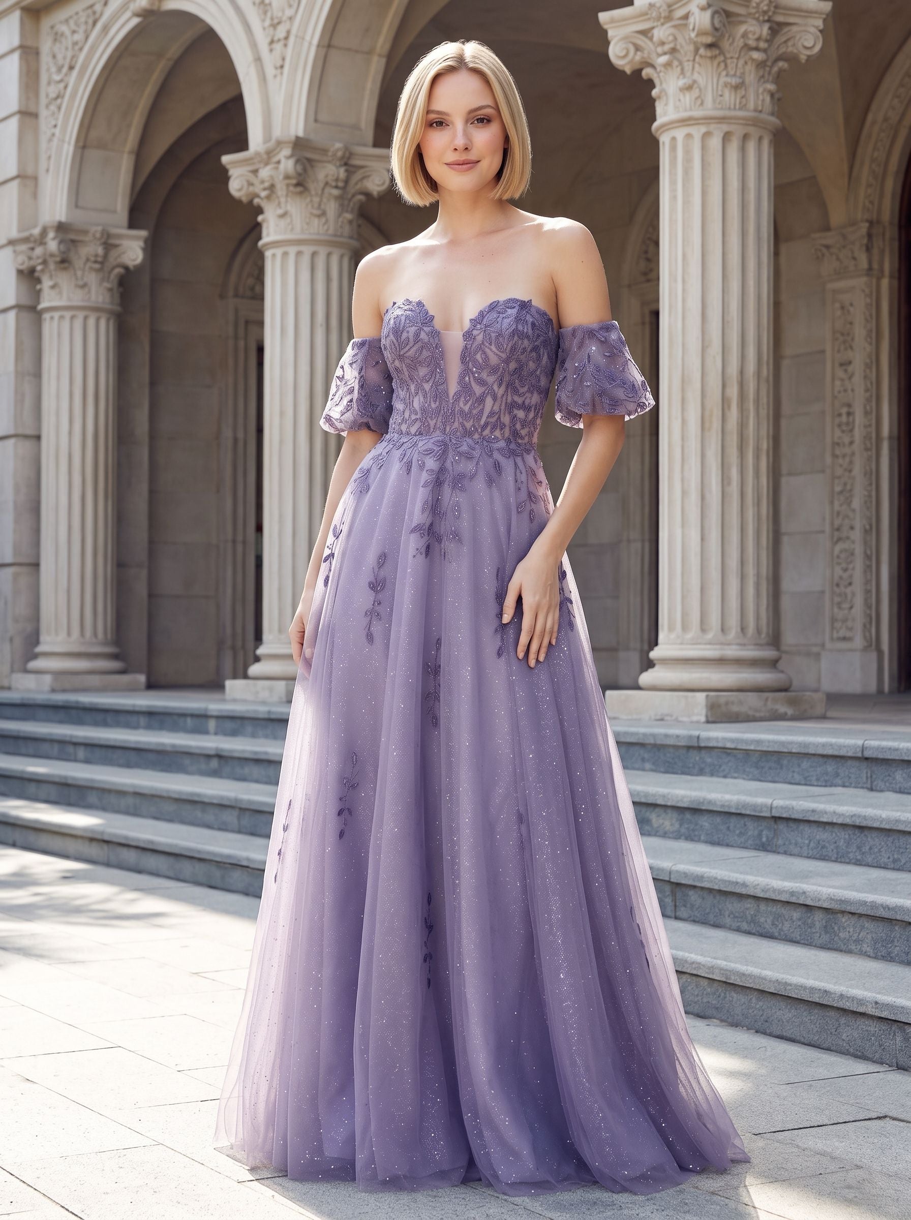 Purple Glitter Tulle A-Line Sweetheart Corset Back Floor-Length Dress with Detachable Sleeves