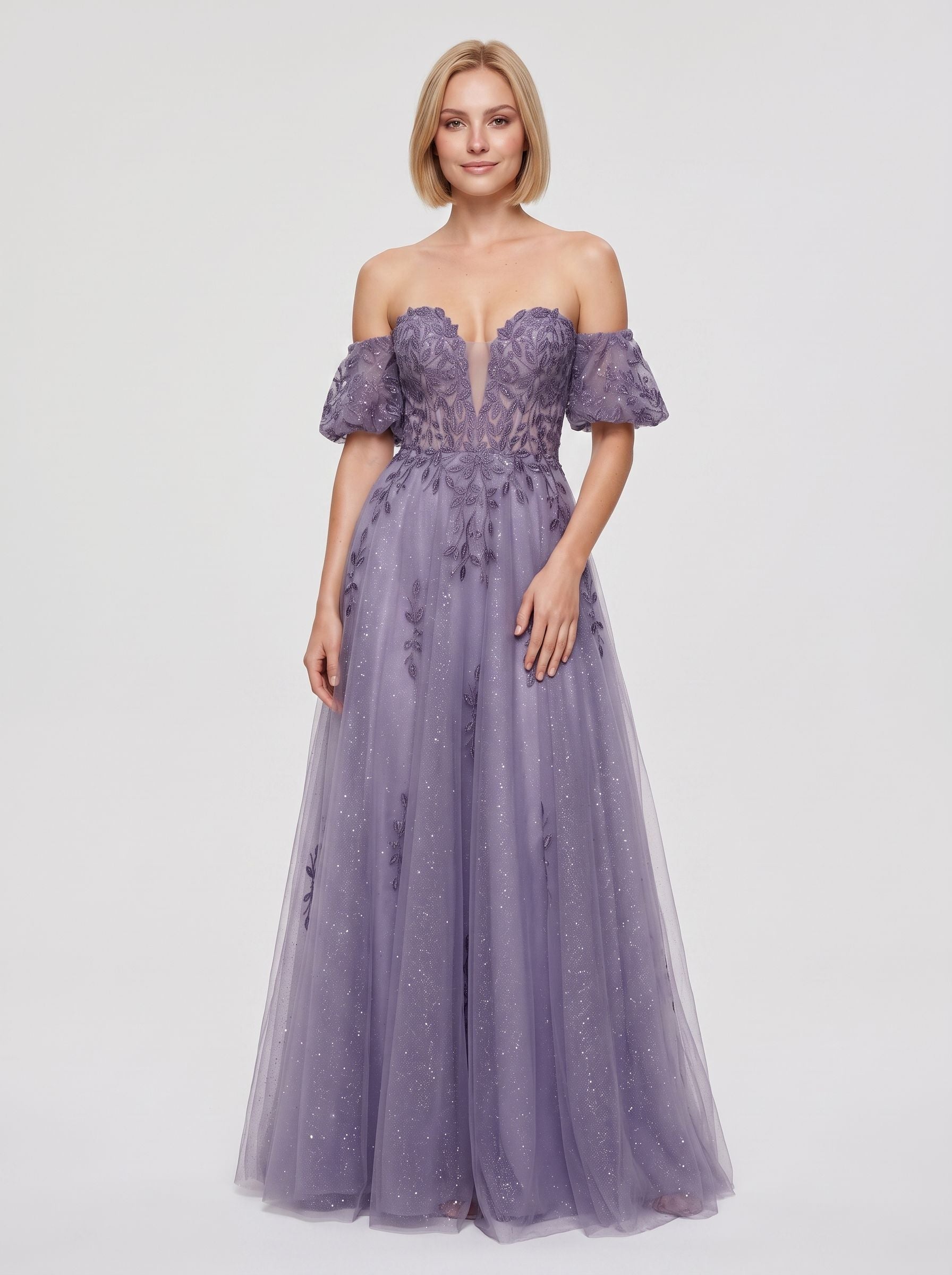 Purple Glitter Tulle A-Line Sweetheart Corset Back Floor-Length Dress with Detachable Sleeves