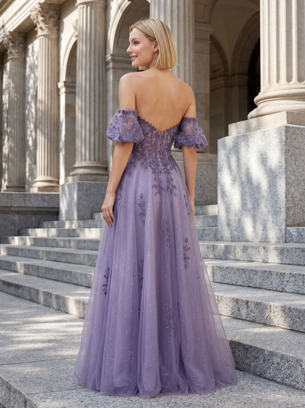 Purple Glitter Tulle A-Line Sweetheart Corset Back Floor-Length Dress with Detachable Sleeves