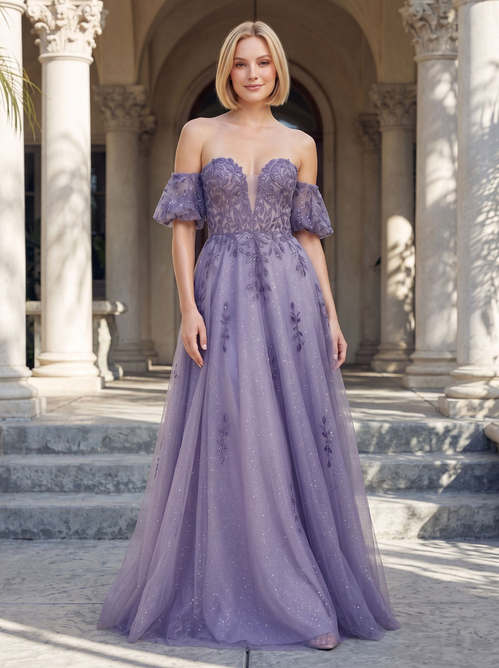 Purple Glitter Tulle A-Line Sweetheart Corset Back Floor-Length Dress with Detachable Sleeves