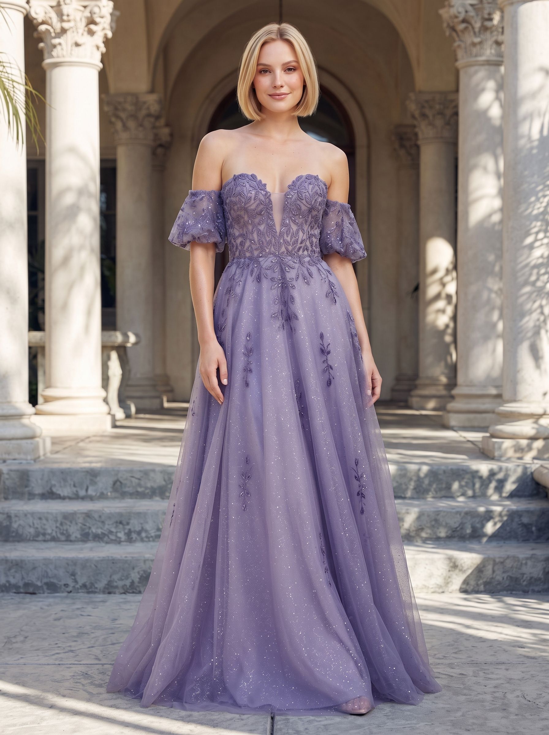 Purple Glitter Tulle A-Line Sweetheart Corset Back Floor-Length Dress with Detachable Sleeves