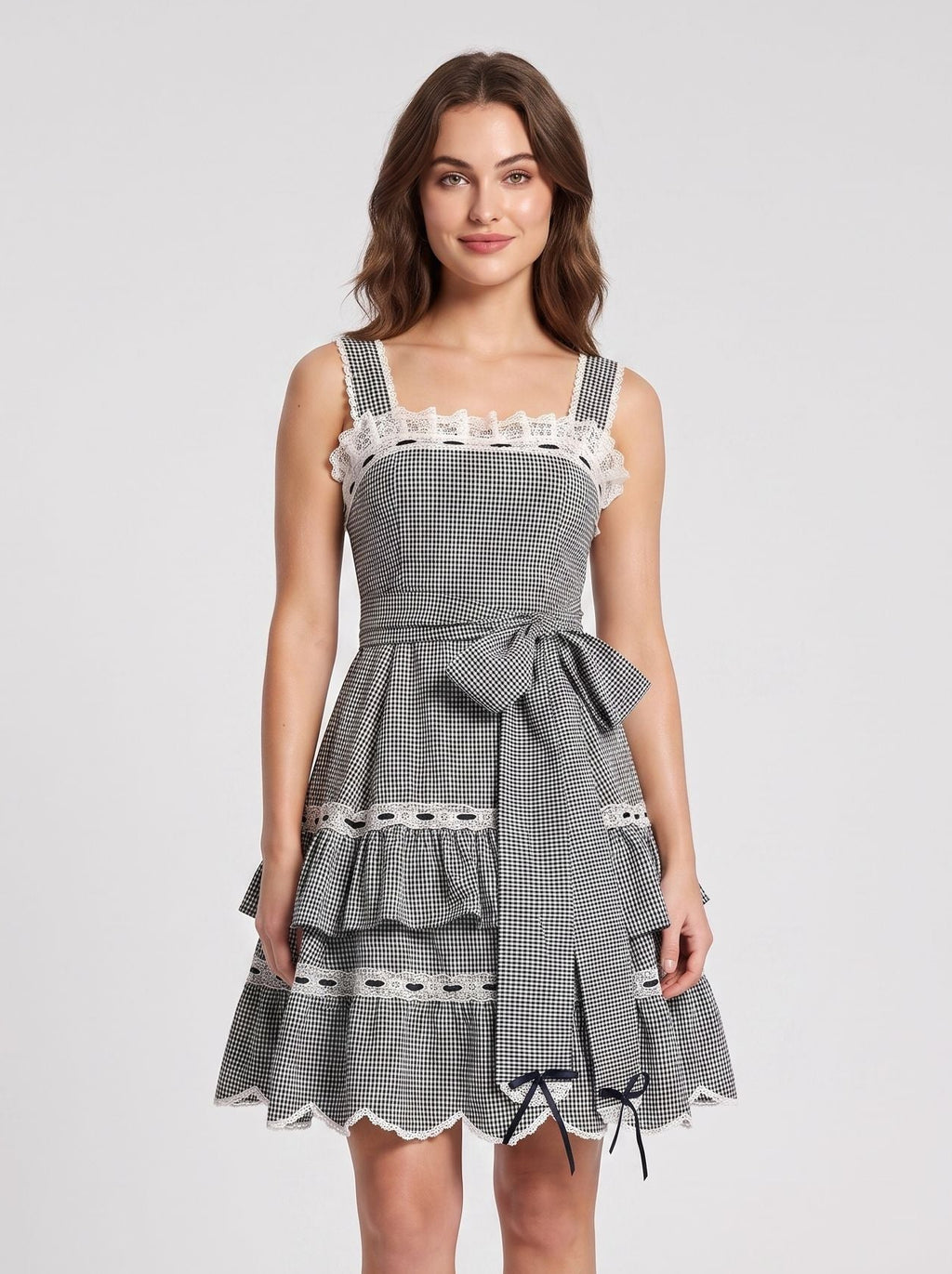 Grey Satin A-Line Straight Neck Lace-up Short Dress with Lace Bodice
